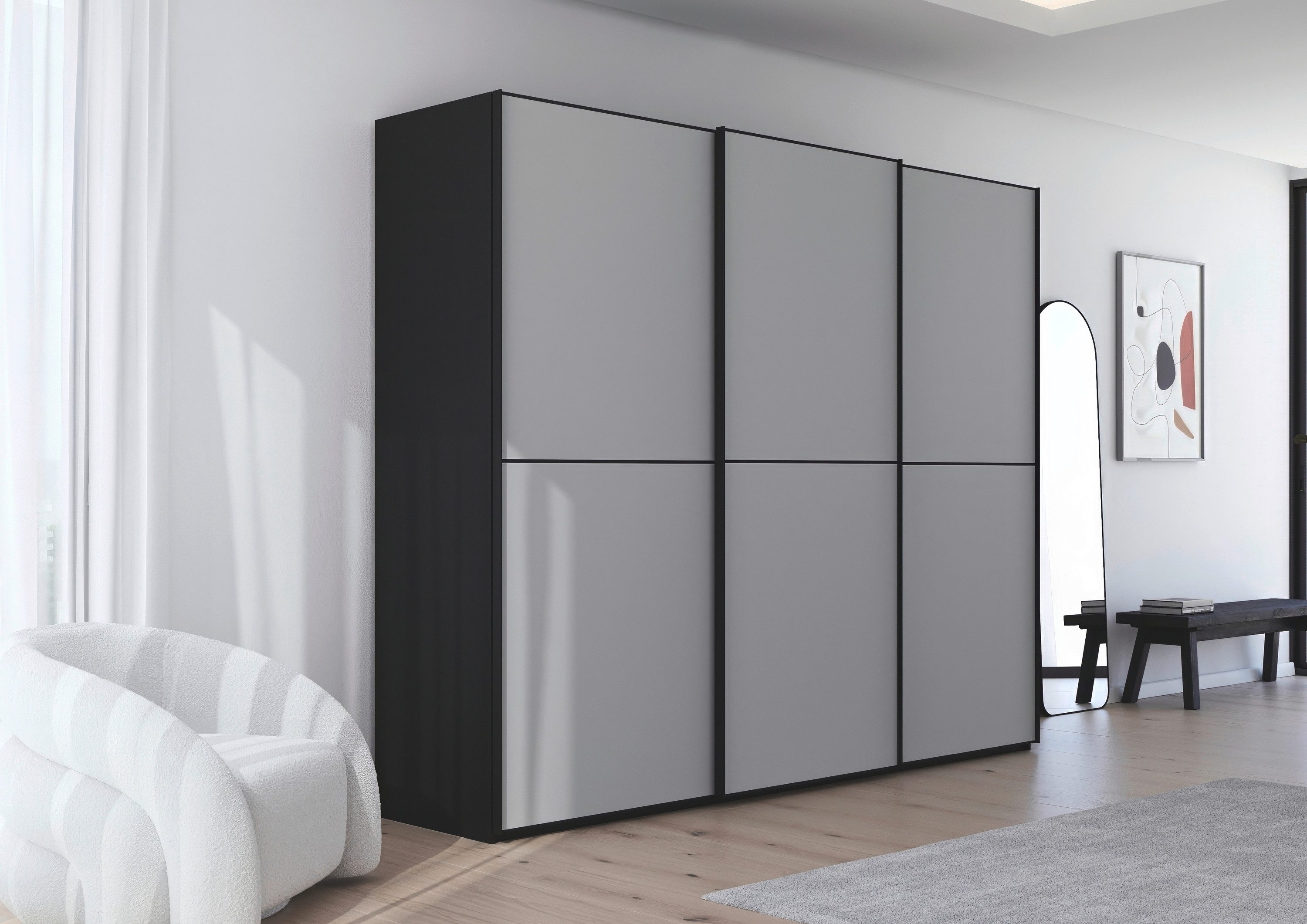 rauch Schuifdeurkast Kledingkast Kast Garderobe Slaapkamerkast SCALE-DUO edel tweedelige deuren glas-front met 3 sierlijsten made in germany