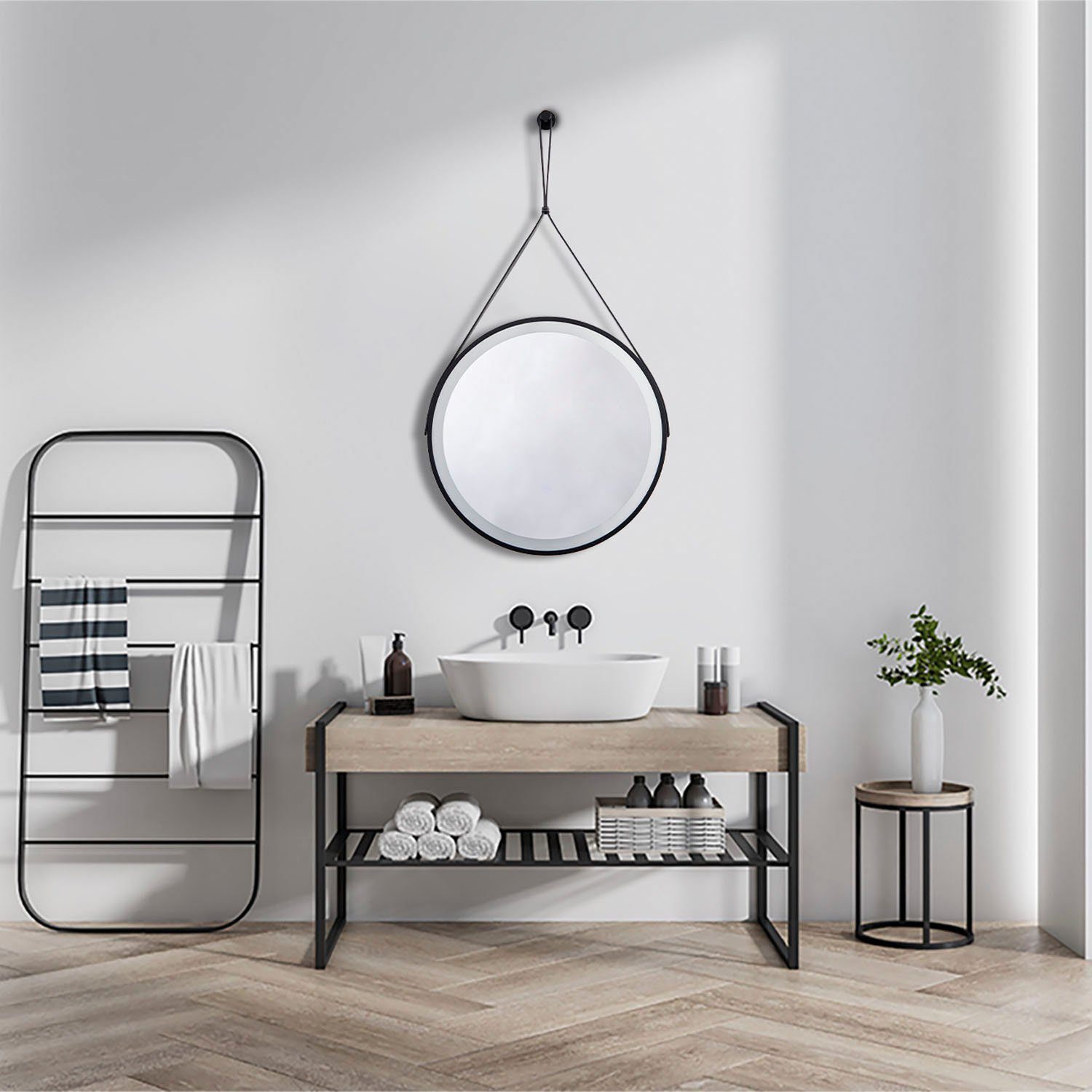 Paco Home Wandlamp Ivy LED backlight rond 50cm IP44 touch kunstleer ophang