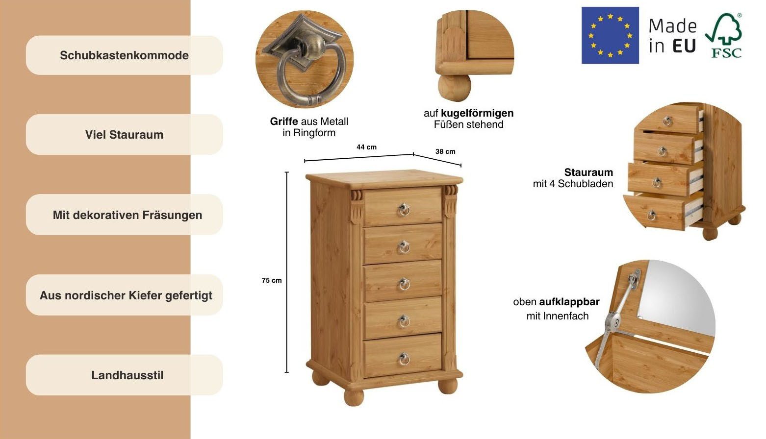 Home affaire Ladekast TESSIN Make-up commode met spiegel, van massief dennenhout, FSC®-gecertificeerd