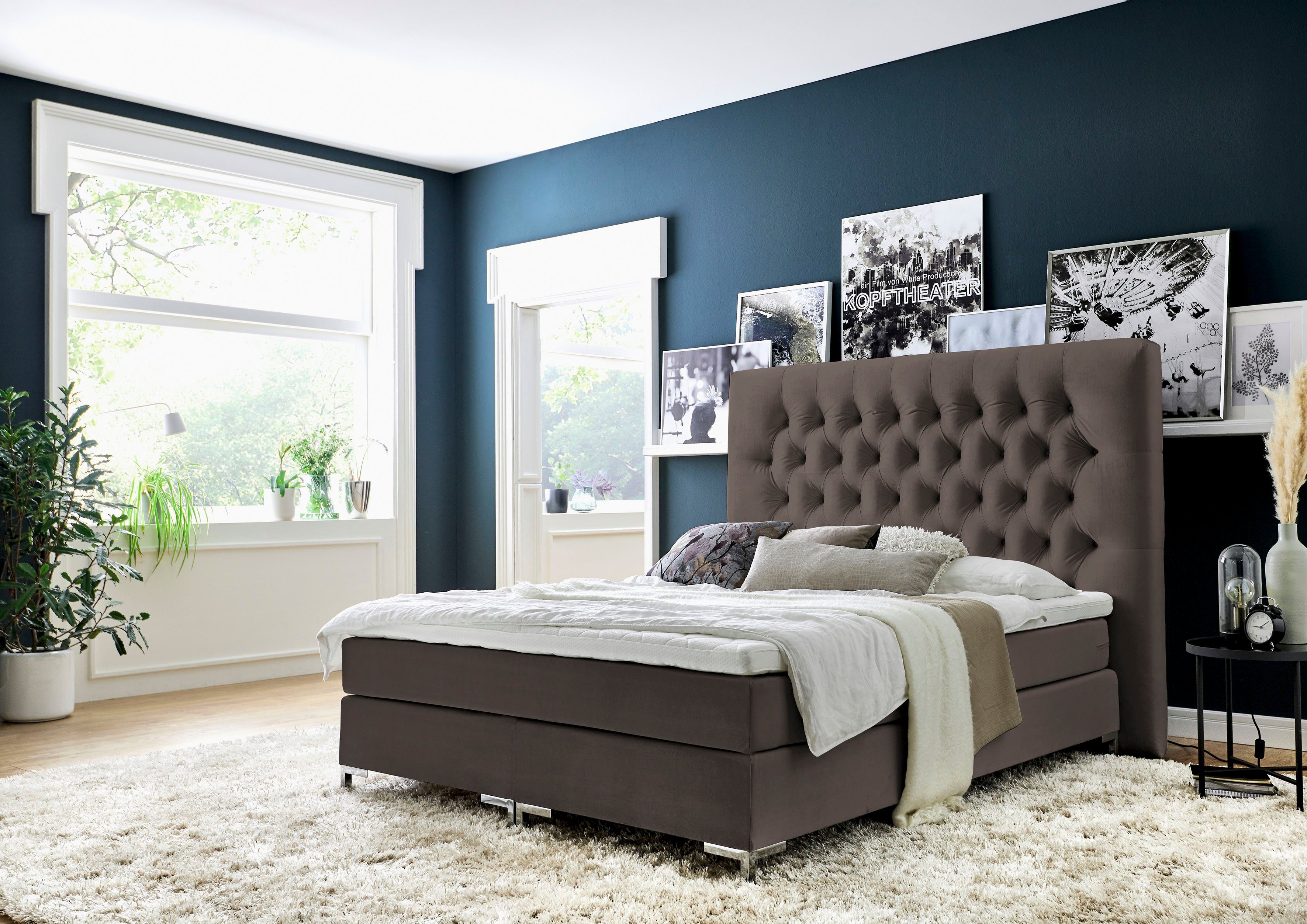 ATLANTIC home collection Boxspring Ronja met topmatras en extra hoog hoofdbord boxsprings bruin