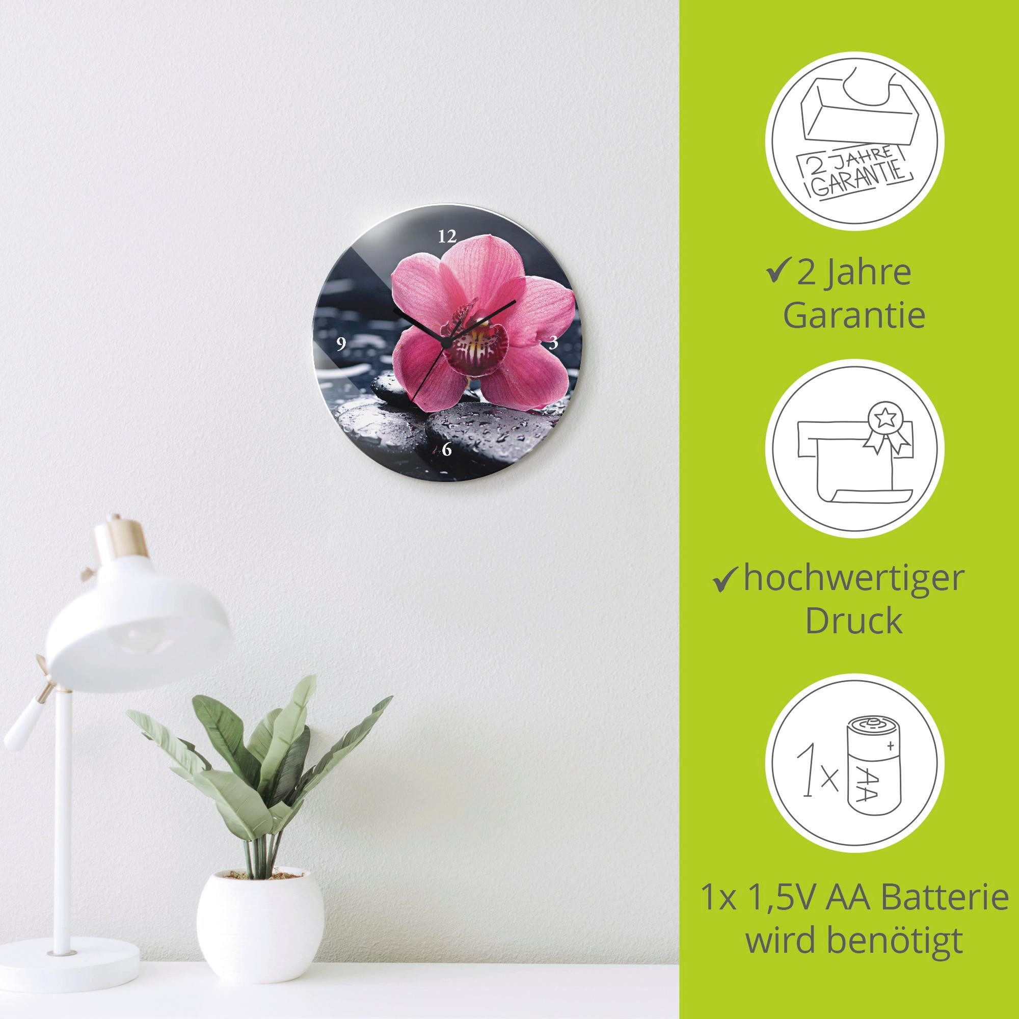 Artland Wandklok Stilleven met kiezel en een orchidee optioneel verkrijgbaar met kwarts- of radiografisch uurwerk, geruisloos zonder tikkend geluid