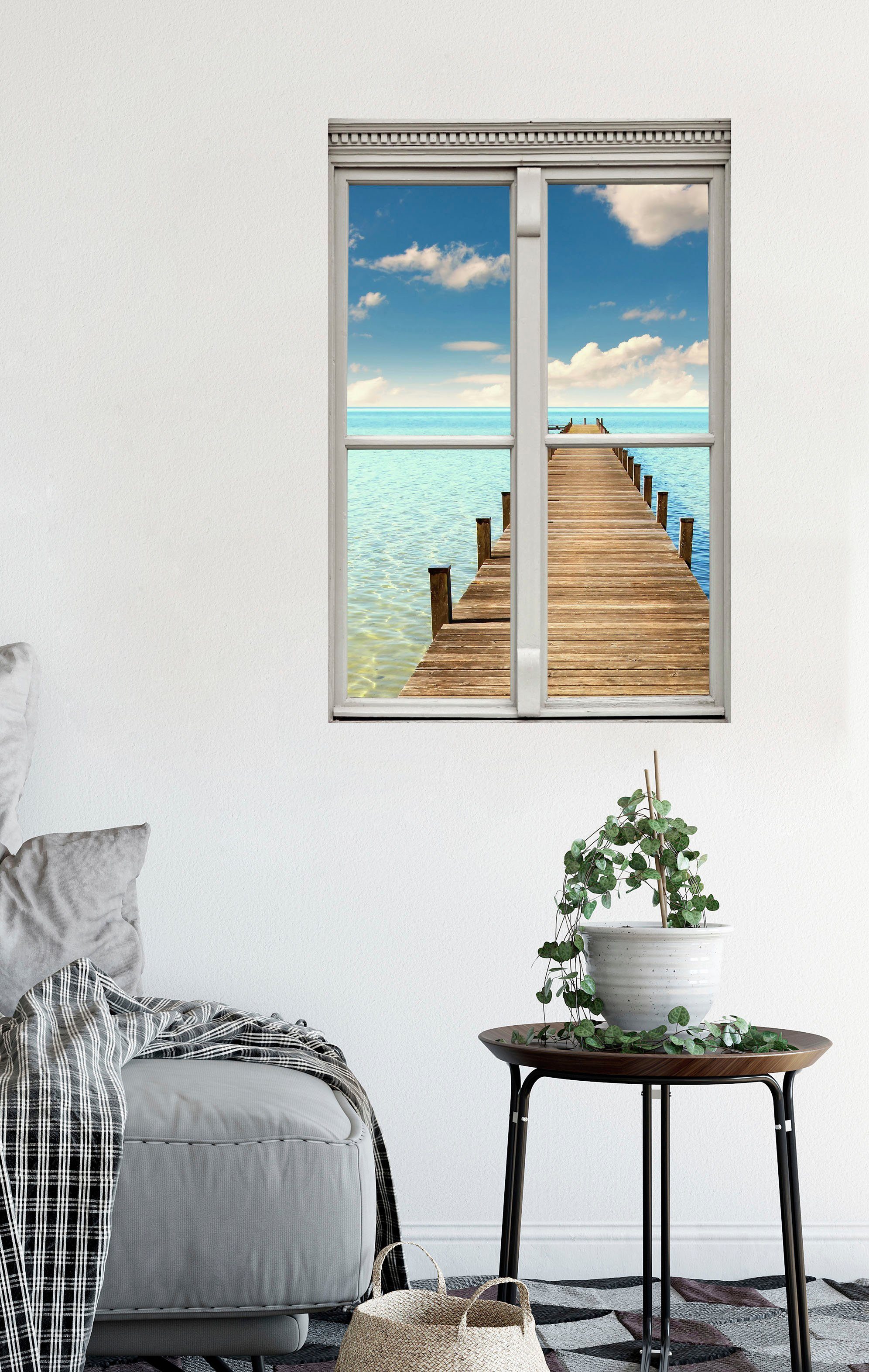 queence Wandfolie Pier in de zee Muursticker, muurdecoratie, zelfklevend, 3D, raam