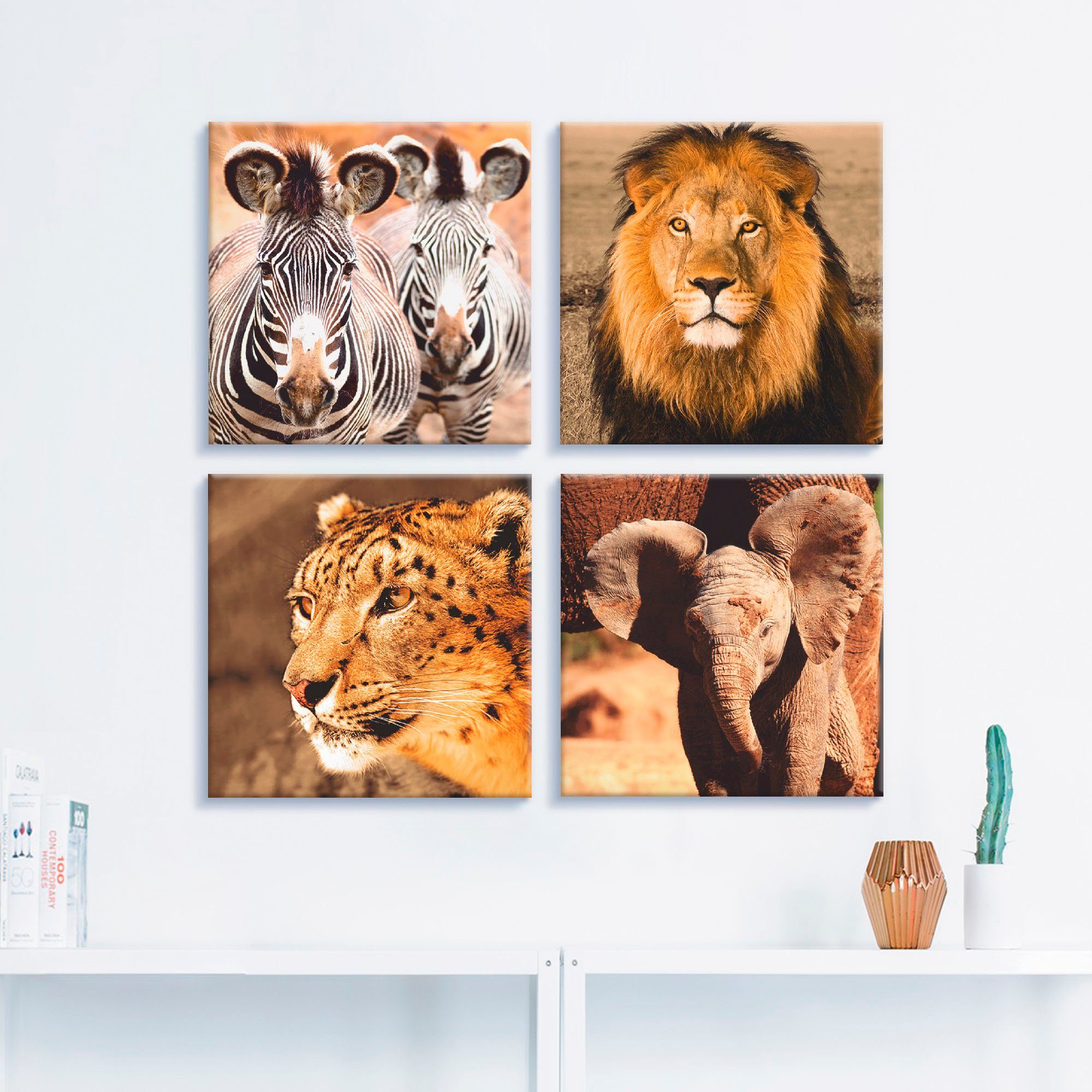 Artland Artprint op linnen Zebra's Leeuw Sneeuwluipaard Olifanten (4-delig)