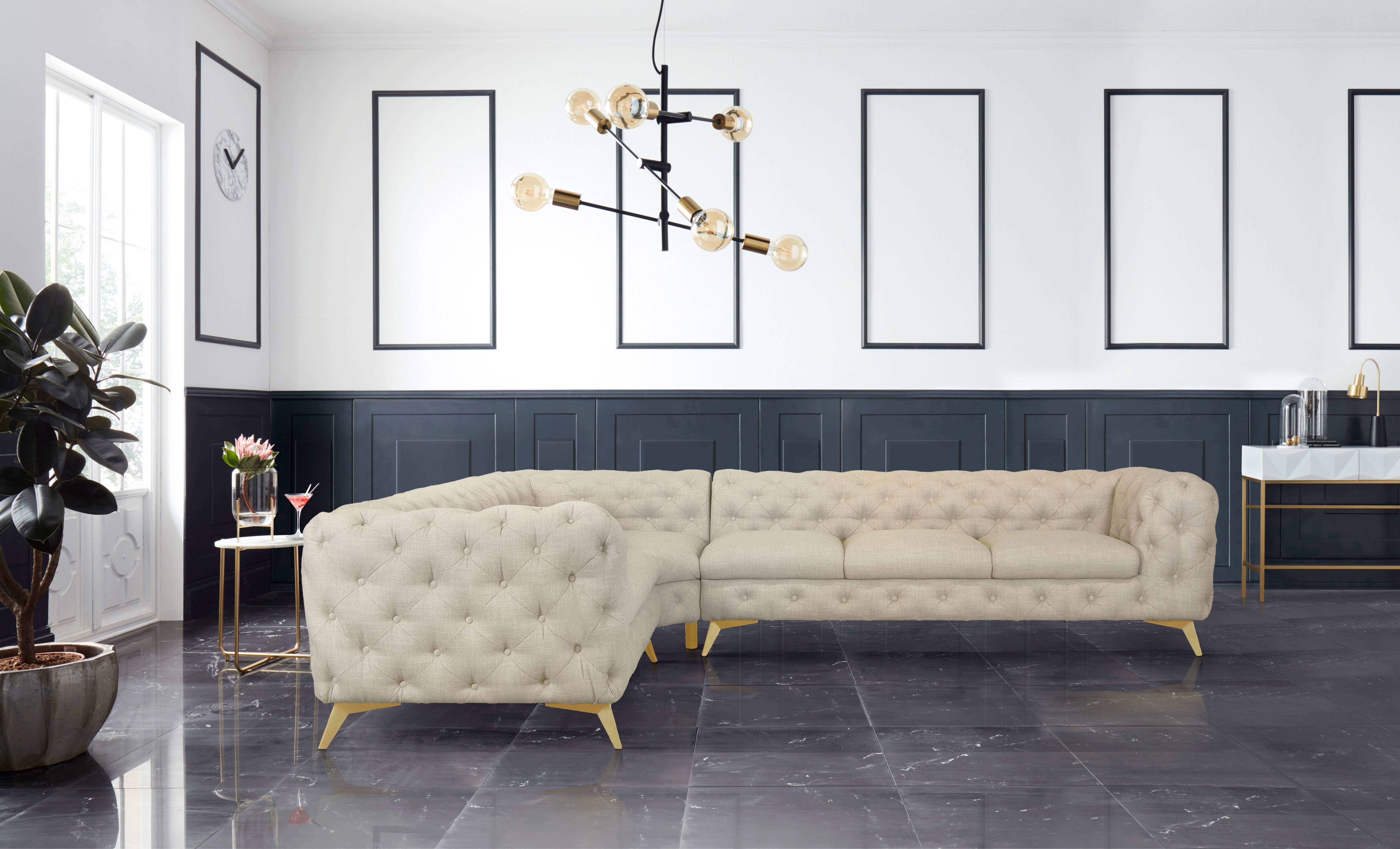 Leonique Chesterfield-bank Glynis L-vorm luxueuze capitonnage, moderne chesterfield look, kleur van de poten ter keuze