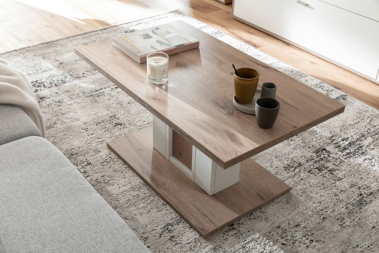 MCA furniture Salontafel SANTERNO salontafel met voet Tafel, soft white/viking eik, met zuil, belastbaar 50kg, breedte 95 cm (1 stuk)