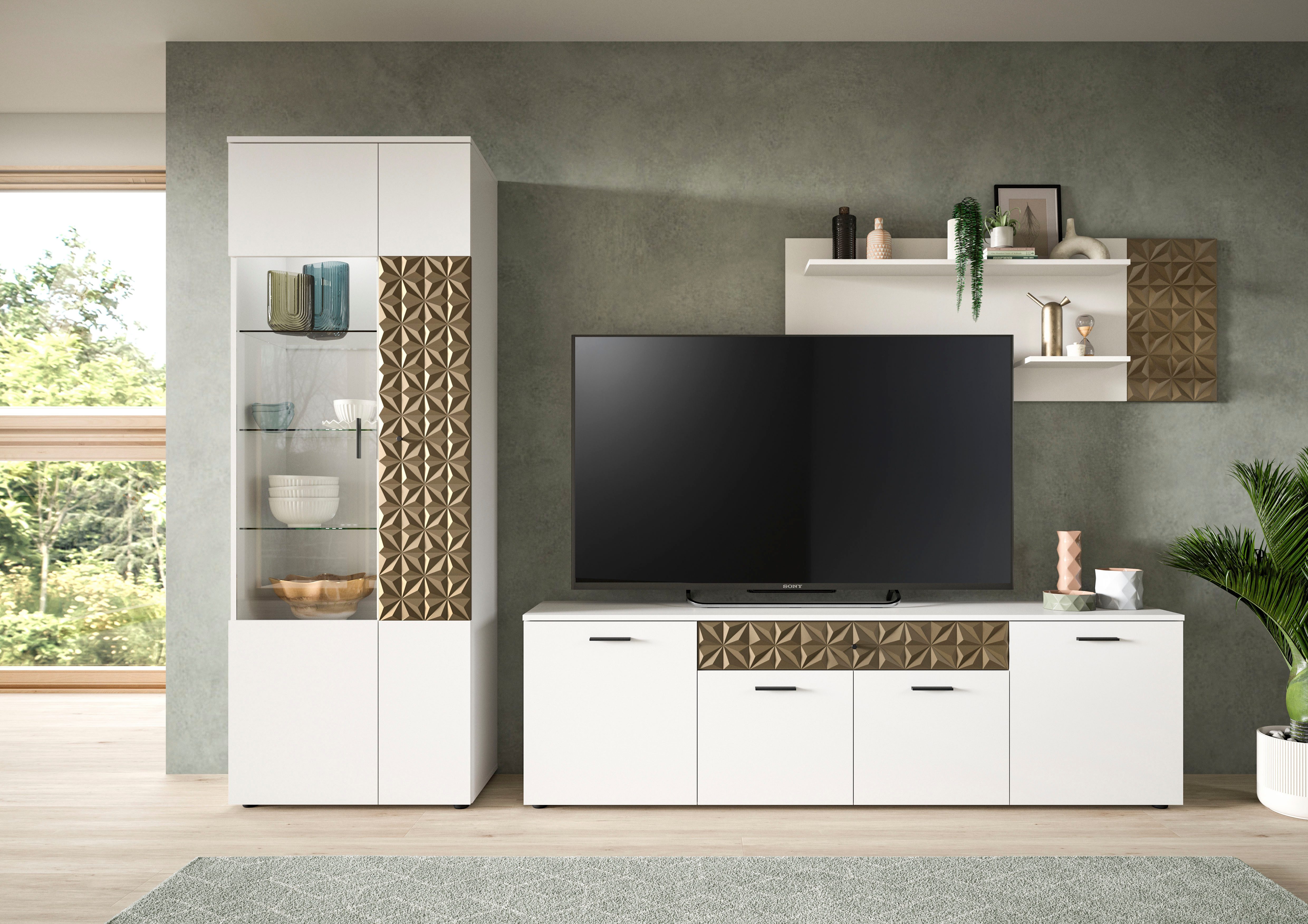 INOSIGN Wandmeubel Vicenza, 3-delig, bestaande uit: vitrine, lowboard, wandplank met ornamentafwerking, combinatie, aanbouwwand, tv-wand, kastwand (3-delig)
