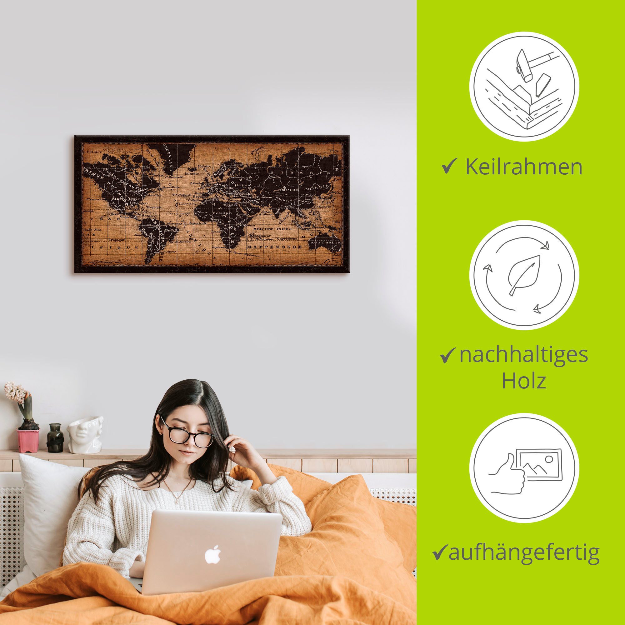 Artland Artprint Oude wereldkaart als artprint op linnen, poster, muursticker in verschillende maten