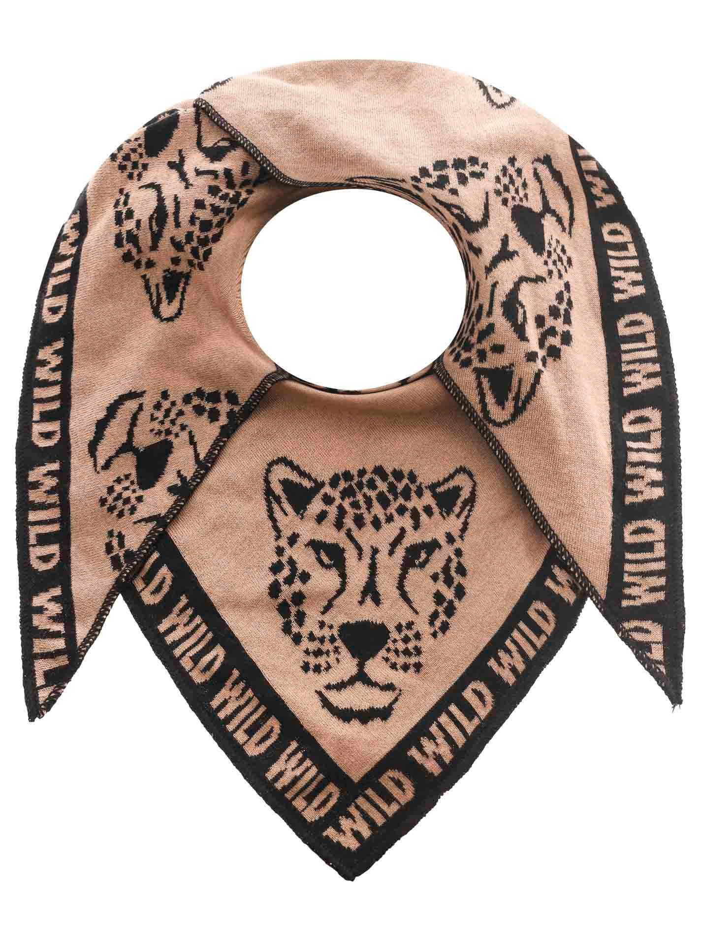 Zwillingsherz Modieus sjaaltje Drihoekdoek "Leo gezicht" met luipaardgezicht en het woord wild aan de rand dames sjaals beige