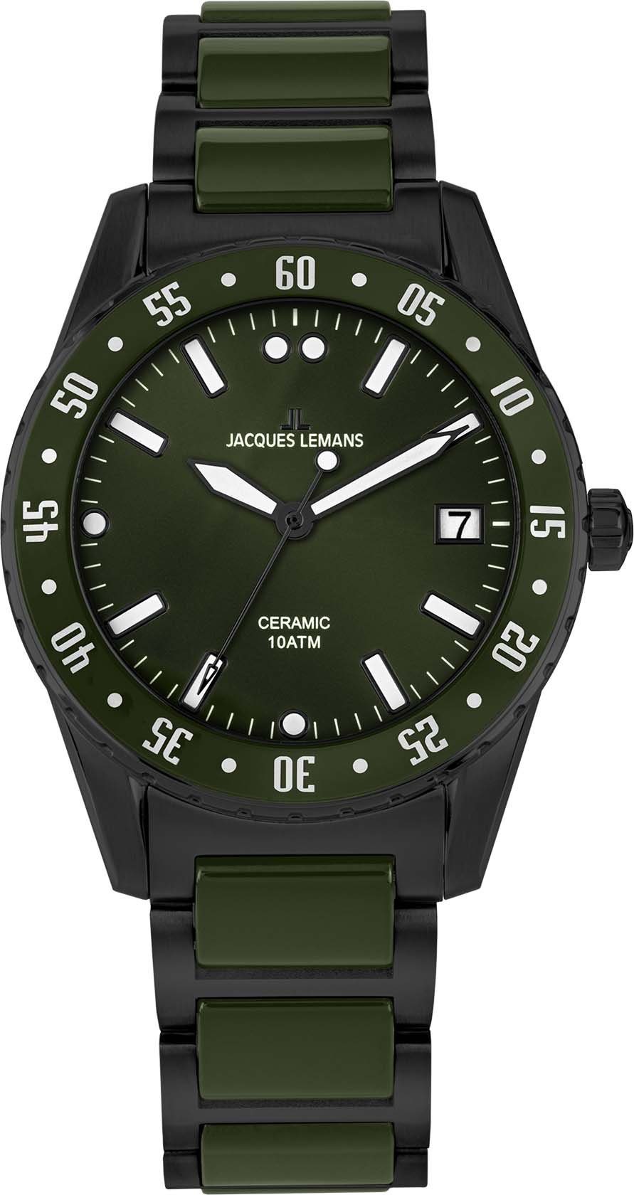 Jacques Lemans Keramisch horloge Liverpool, 42-10F Quartz horloge, armbanduhr, herenhorloge, datum, lichtgevende wijzers, roestvrijstalen band