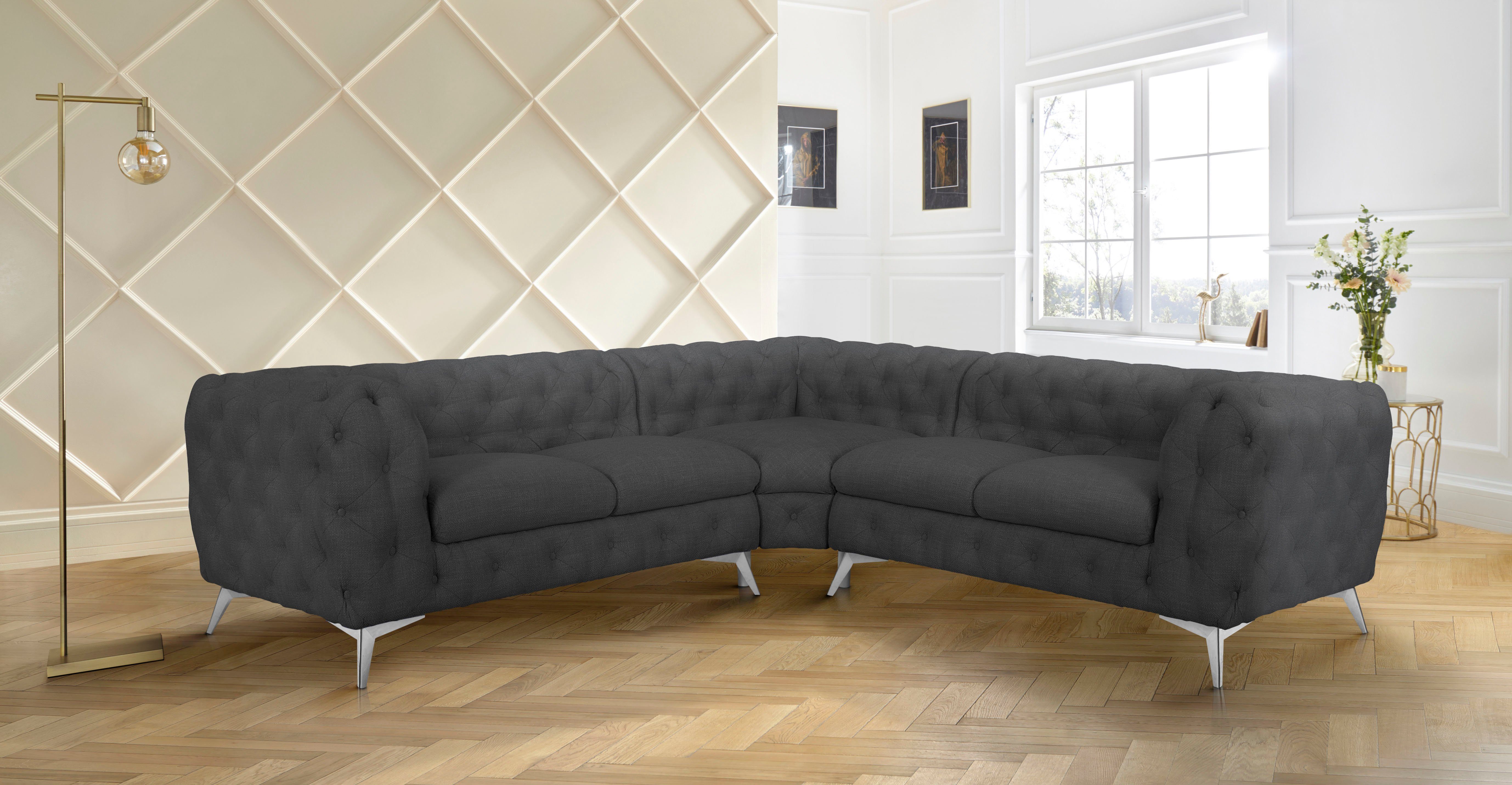 Leonique Chesterfield-bank Glynis L-vorm luxueuze capitonnage, moderne chesterfield look, kleur van de poten ter keuze
