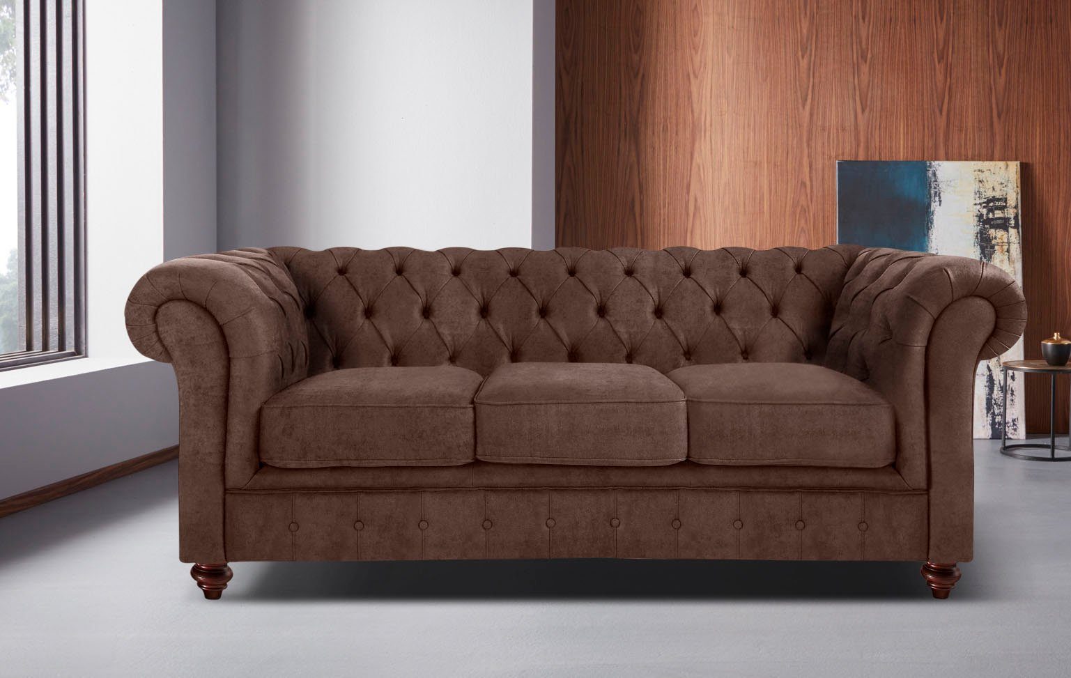Home affaire Chesterfield-bank Chesterfield 3-zits B/D/H: 198/89/74 cm met hoogwaardige knoopdetails, ook in leer