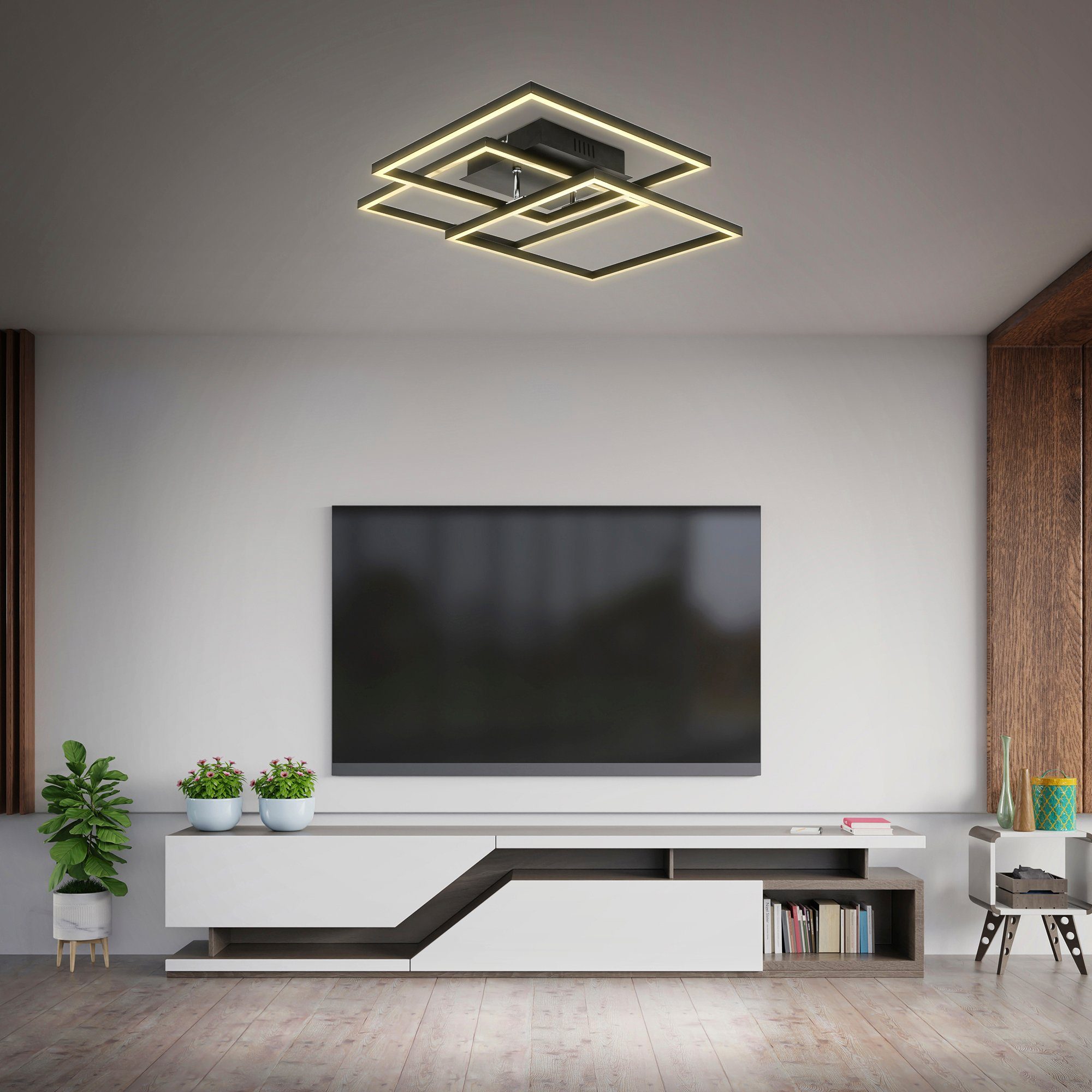 B.K.Licht Led-plafondlamp BK_FR1505 LED plafondlamp, frame, draaibaar, zwart 3-armig, 3000 k warmwit licht, 568x568x95 mm (lxbxh) (1 stuk)
