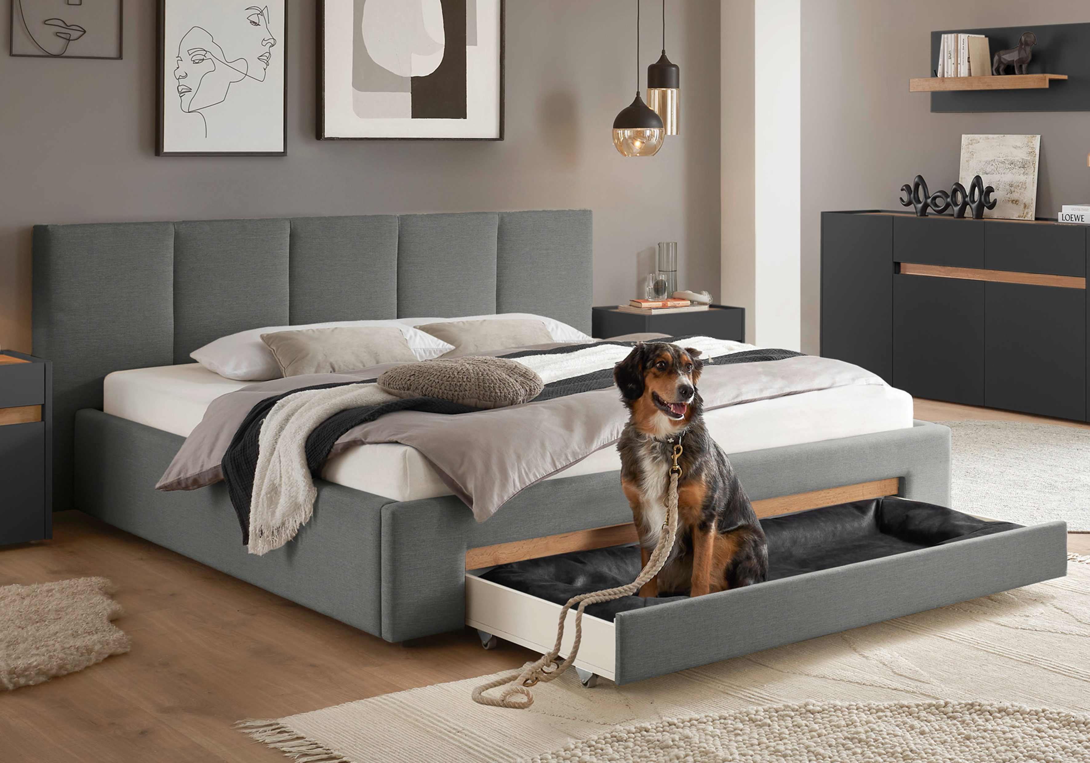 INOSIGN Gestoffeerd bed CiTY/GiRON, bedframe met bedlade, gestoffeerd opbergbed met hondenbed of opberglade, bekleding van corduroy of linnenlook