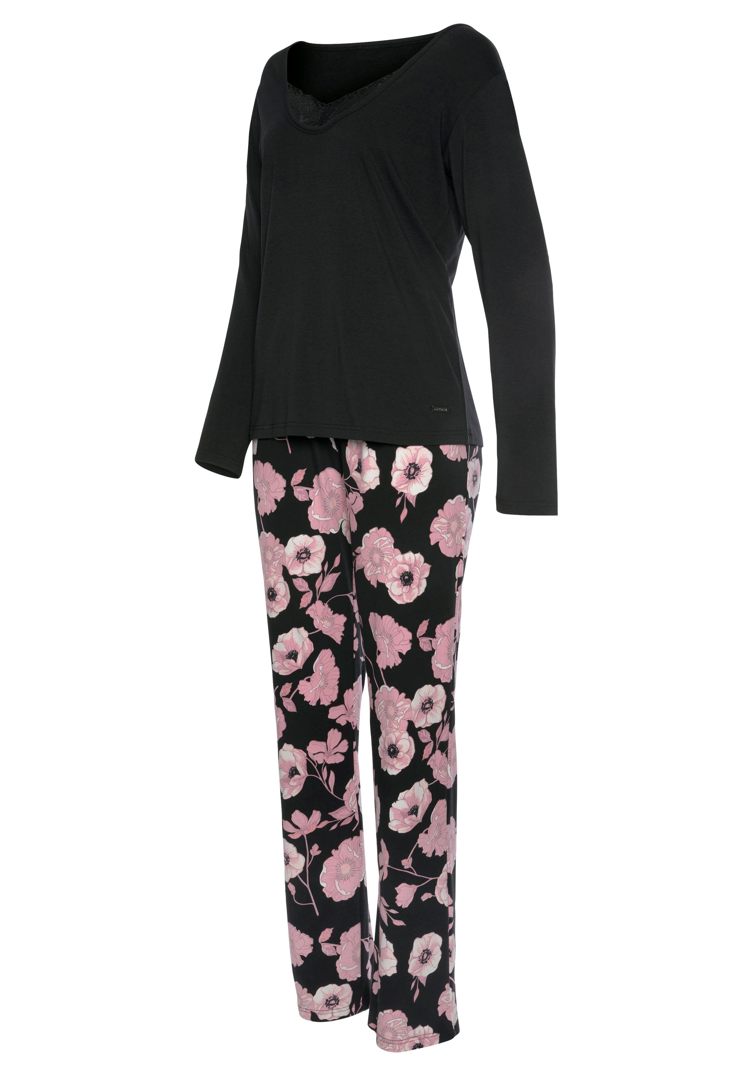 Lascana Pyjama met bloemmotief en kanten details (2-delig, 1 stuk)