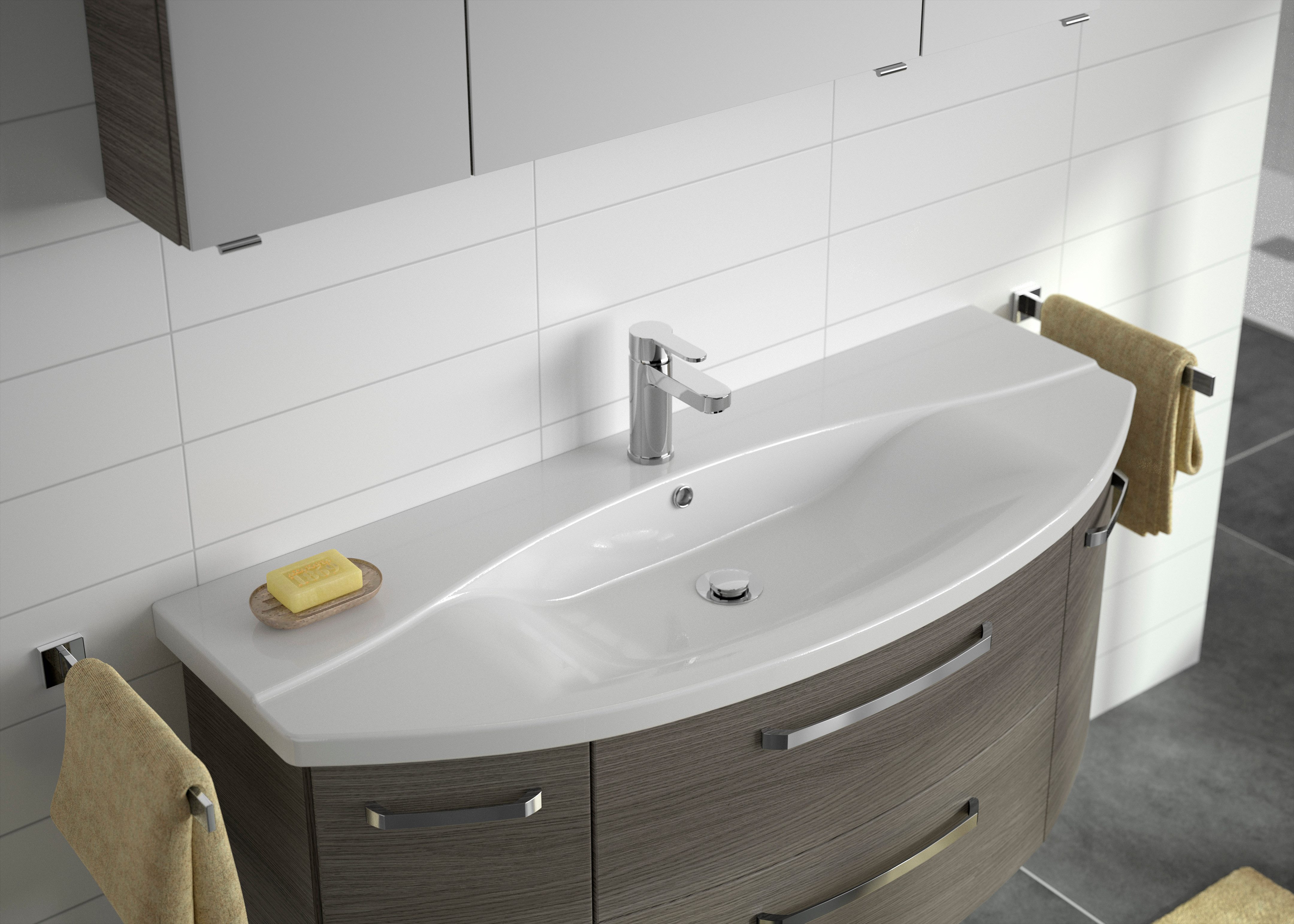 Saphir Badmeubelset Serie 4010 2-delig keramische wastafel met LED-spiegelkast Badkamer set 122 cm breed, incl. deurdemper, 5 deuren, 2 lades (set)