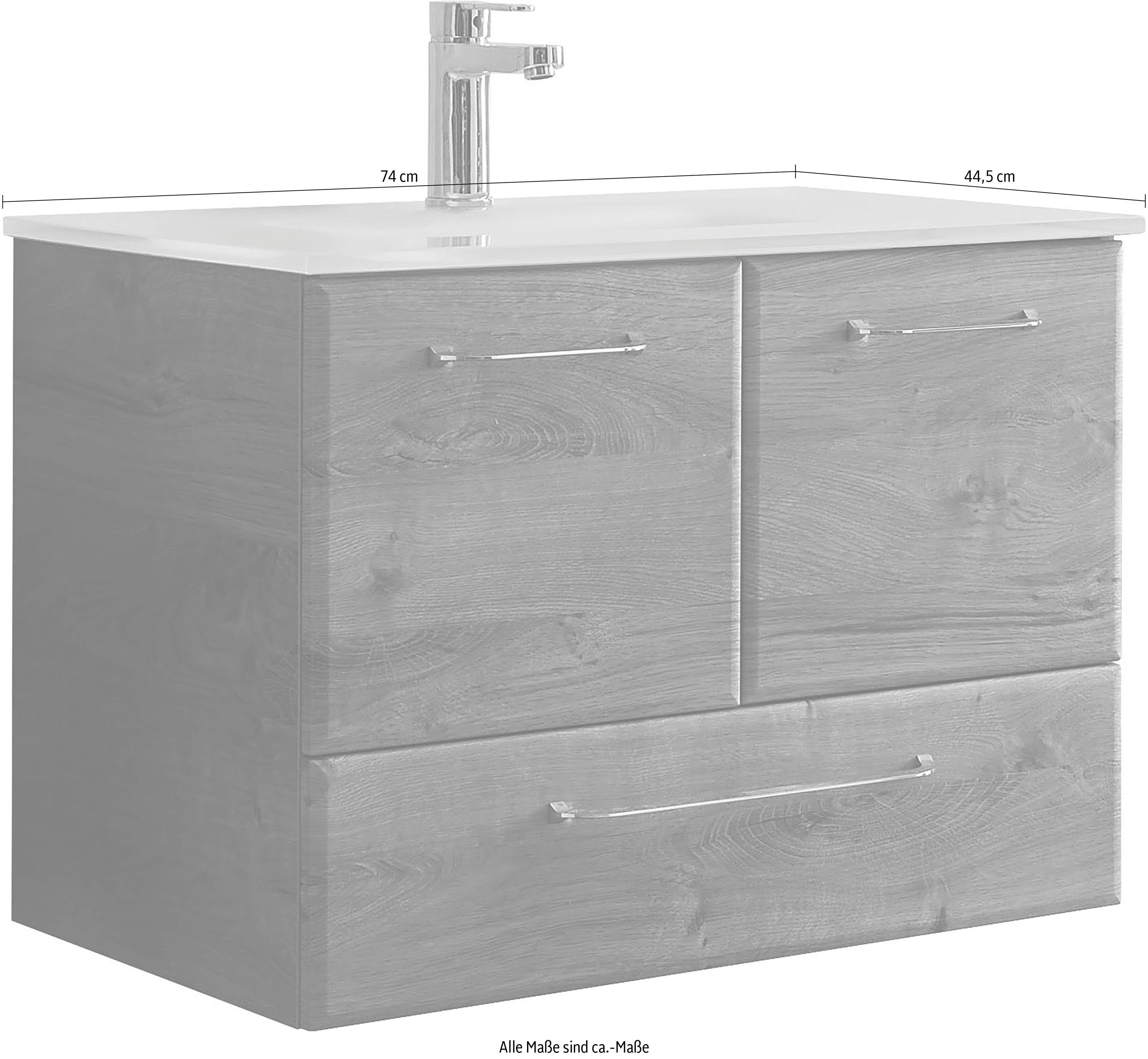 Saphir Wastafelonderkast Quickset glazen wastafel met onderkast, 74 cm breed, wastafel Grepen in glanzend chroom, inclusief deurdemper, 2 deuren, 1 lade