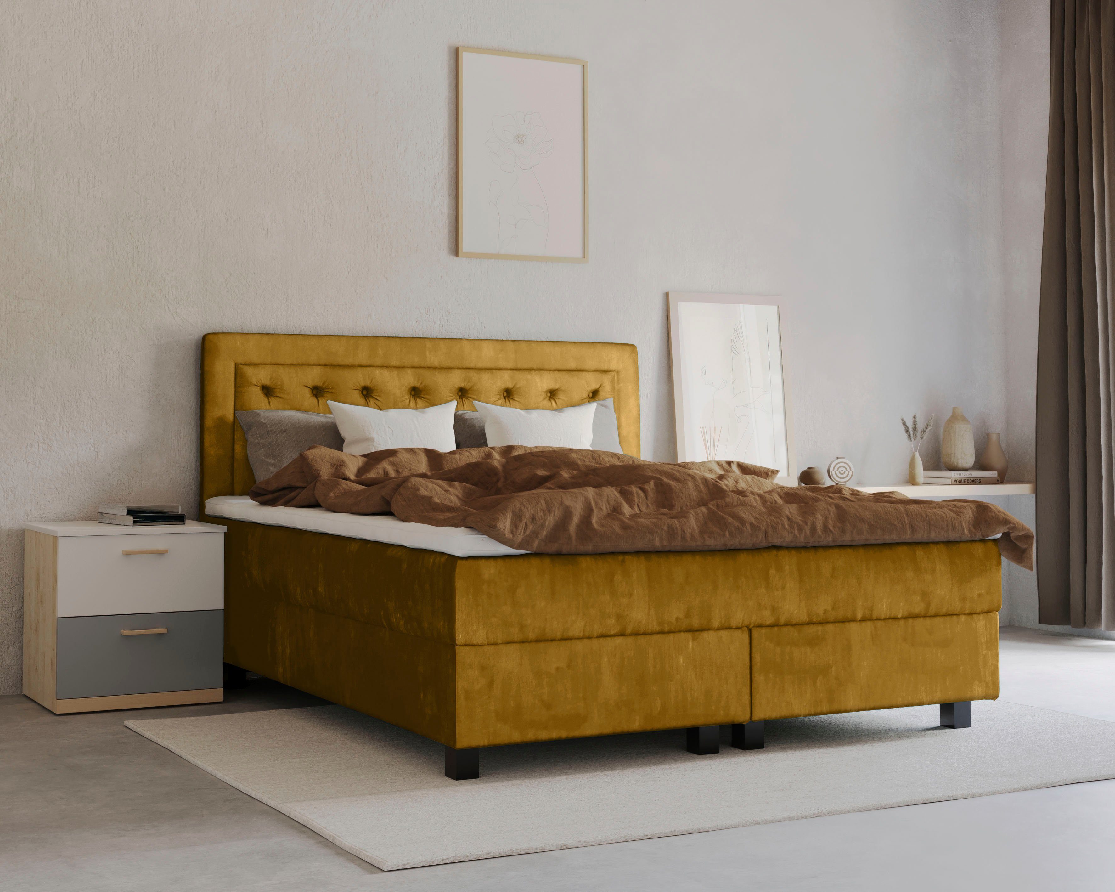Leonique Boxspring JEANNE incl. topmatras met pocketveringsmatras boxsprings geel