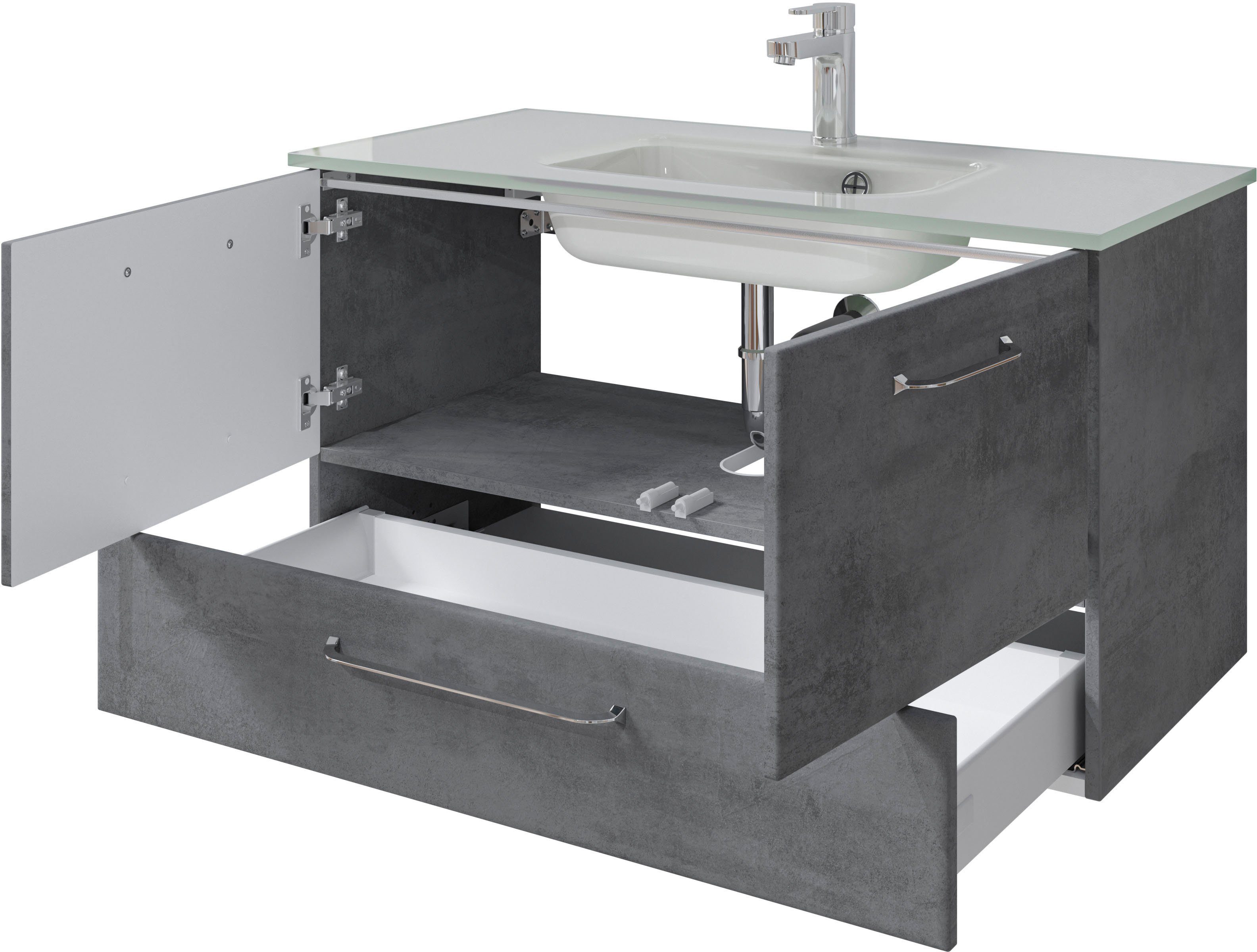Saphir Badkamerserie Quickset 945 glazen wastafelonderkast met onderkast, 99 cm breed, wastafelmeubel (1 stuk)