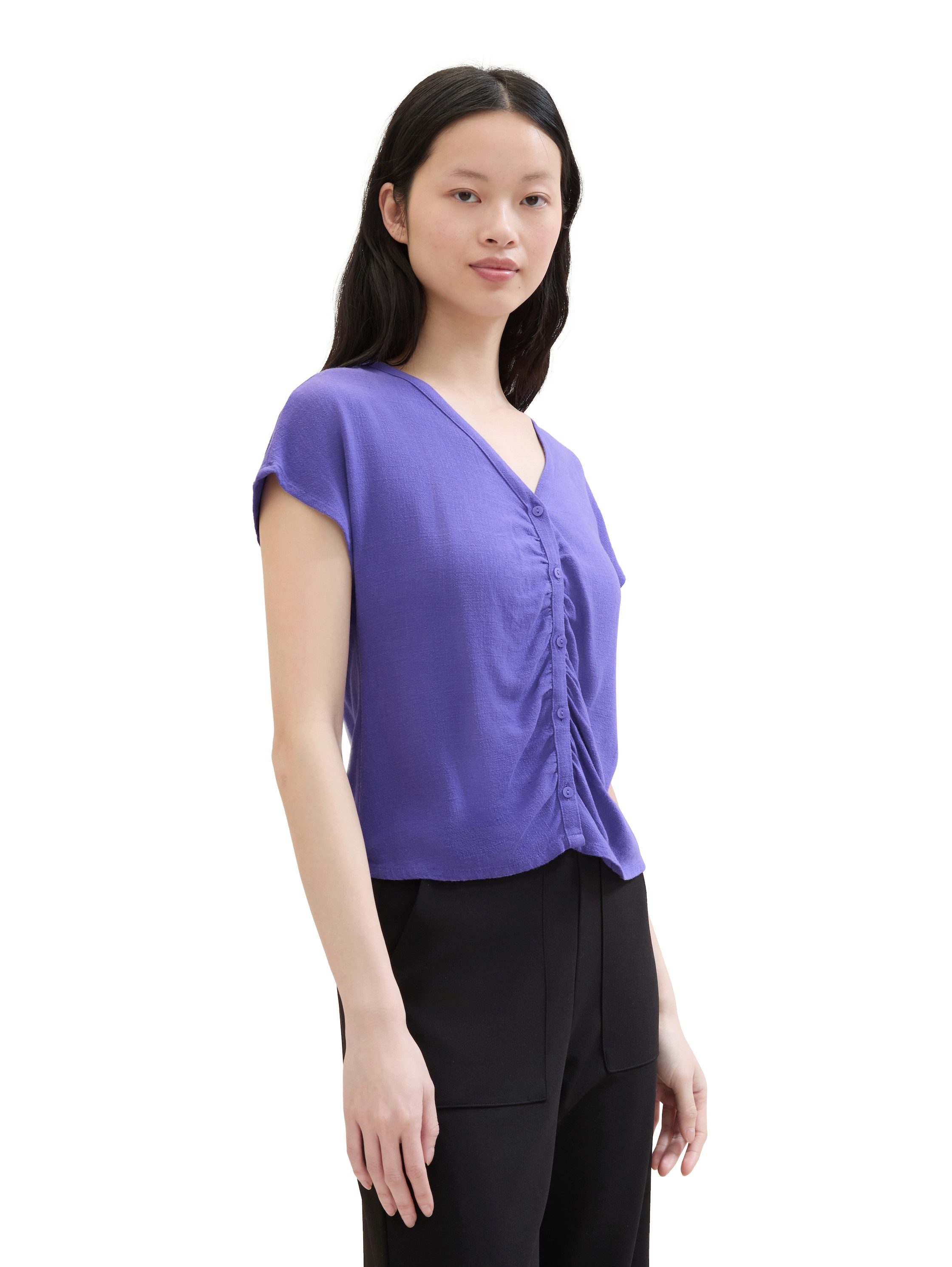 Tom Tailor Denim Blouse met korte mouwen met knoopsluiting en plooi