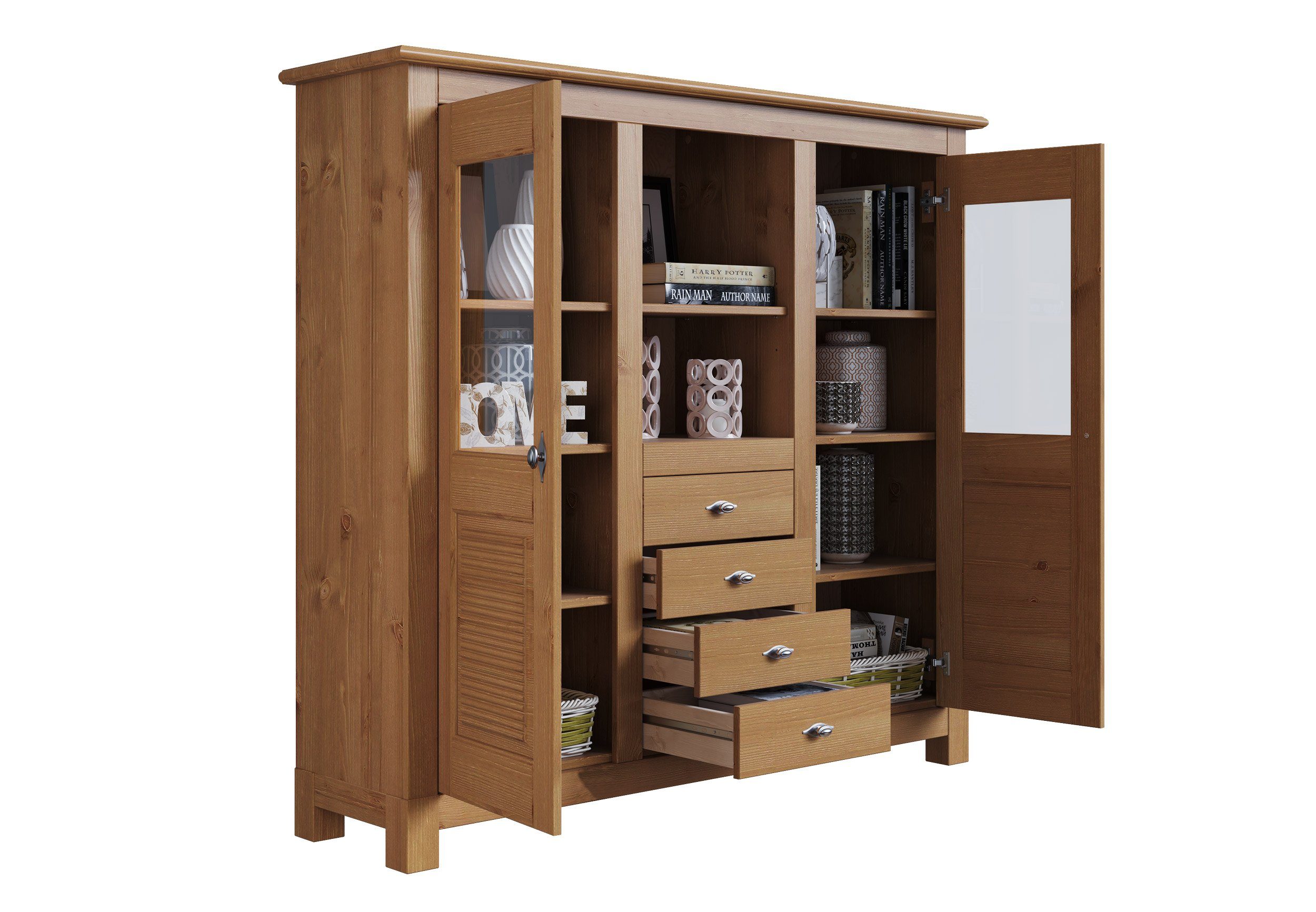 Home affaire Buffetkast Rauna Highboard, massief grenen, deuren met glazen inzetstukken, B/H 146/134 cm