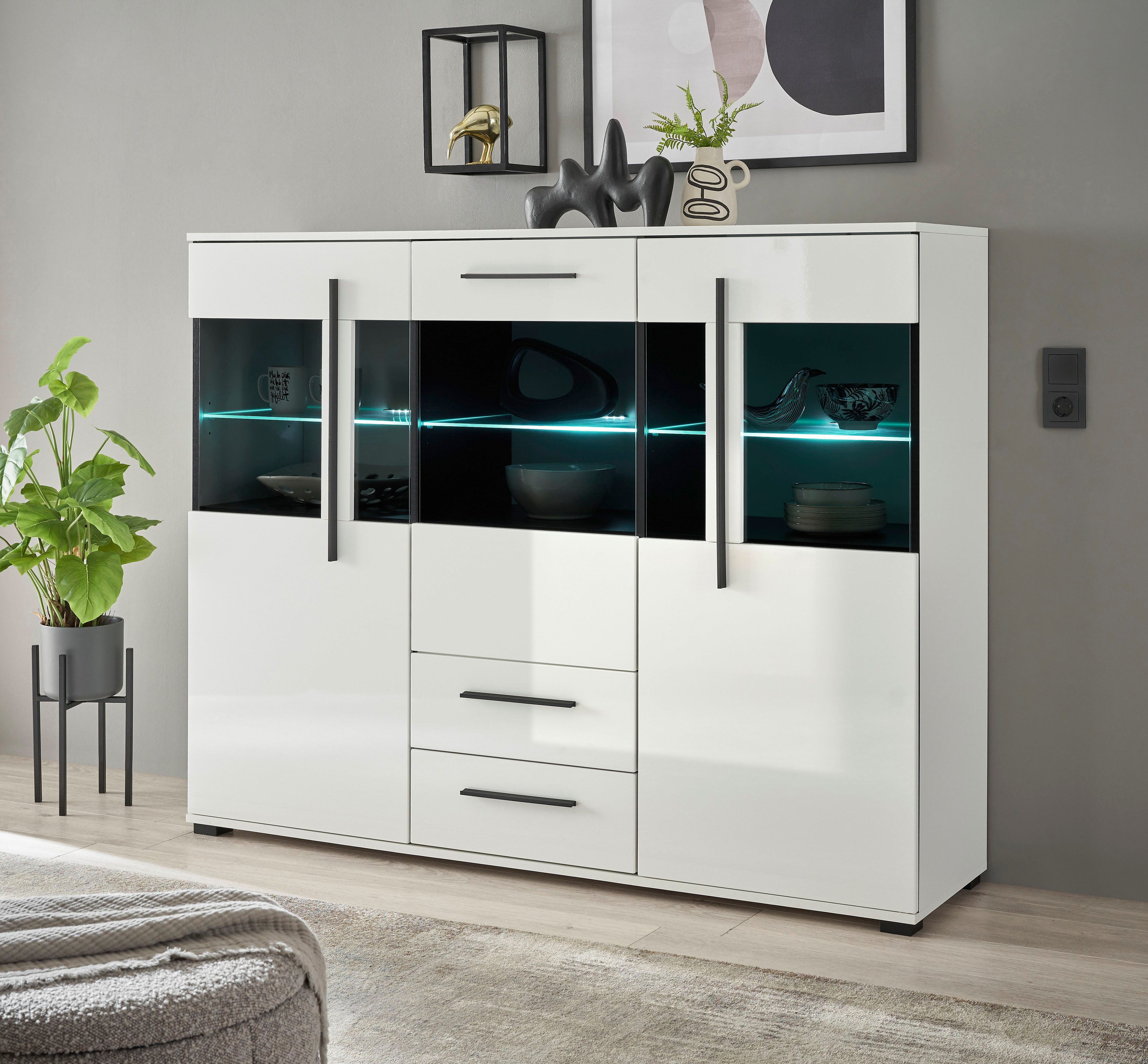 INOSIGN Highboard Cantara, moderne kast, vitrinekast in Eiken decor of wit zwarte stanggreep, voldoende opbergruimte, veelzijdig inzetbaar