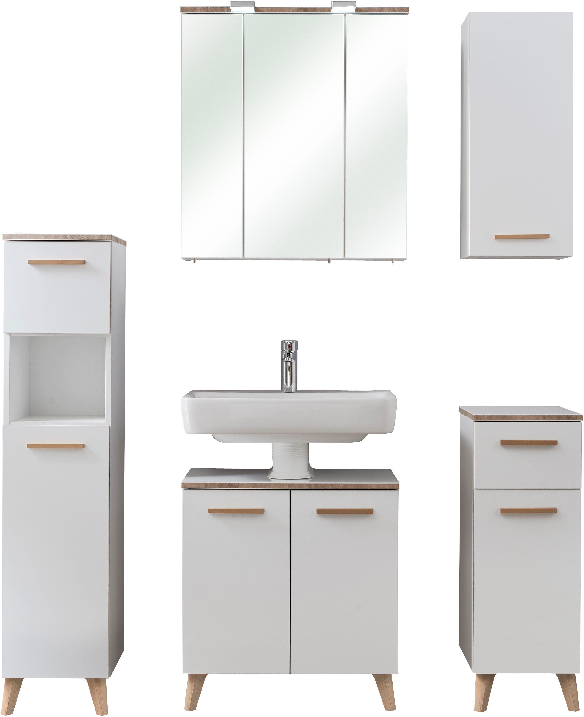 Saphir Badmeubelset Quickset 931 5-delig, wastafelonderkast en led-spiegelkast Wit glans, incl. deurdemper, zonder wastafel, 8 deuren, 2 lades (set, 5