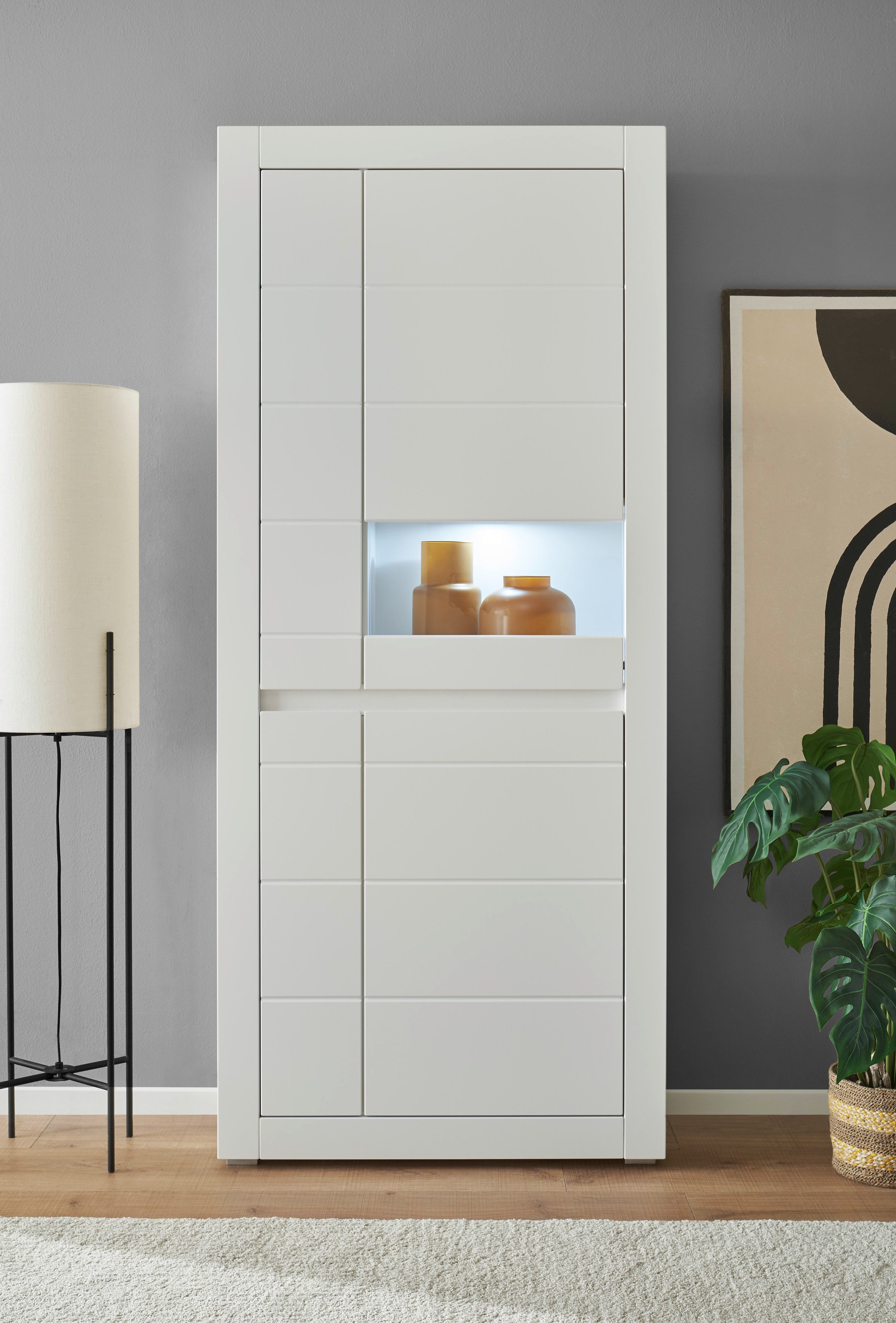 INOSIGN Vitrinekast Chester, Hoge kast met opbergruimte, Glazen vitrine, Dressoir, Mat Wit (1 stuk)