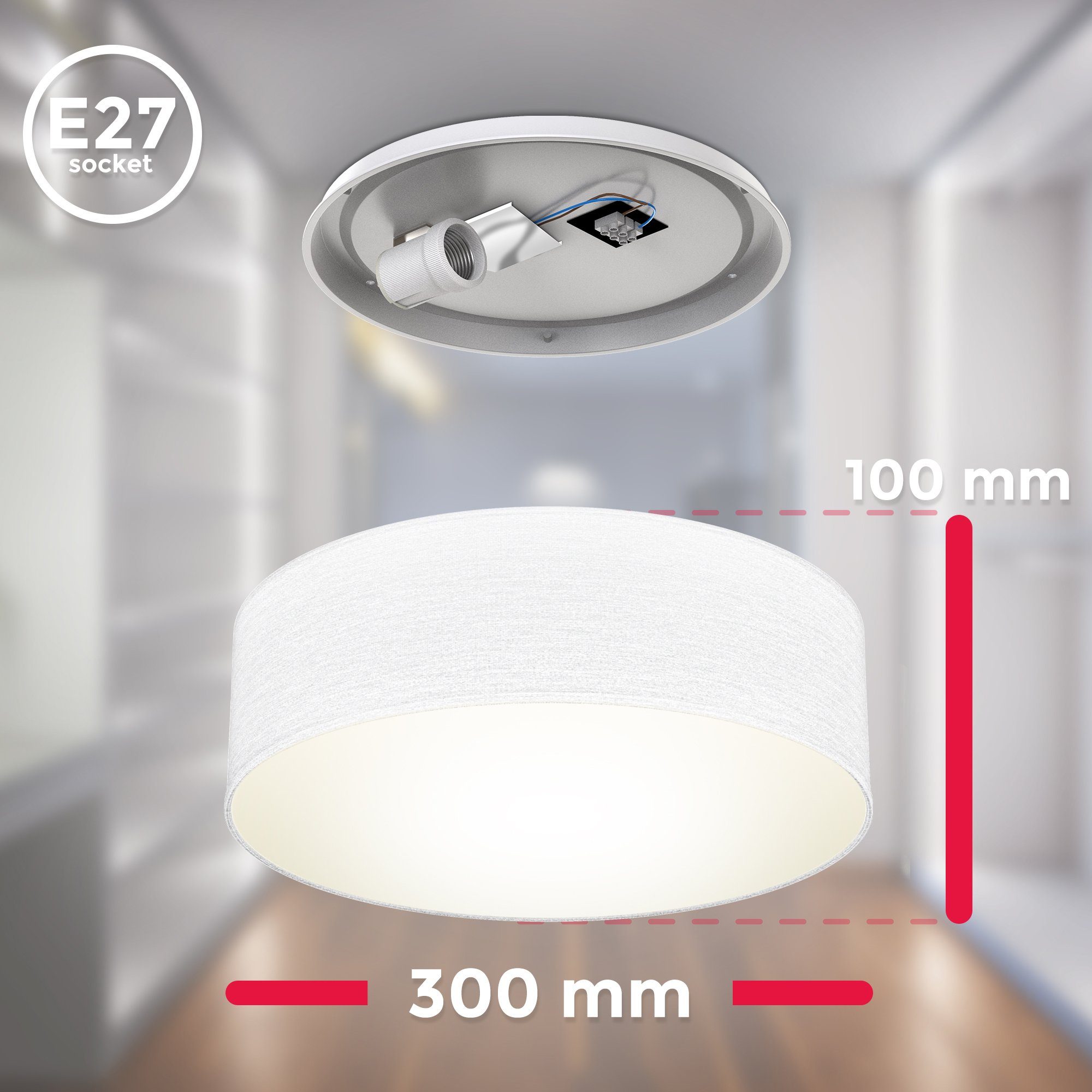 B.K.Licht Plafondlamp Plafondlamp, textielschaal, woonkamer, slaapkamer, wit, E27