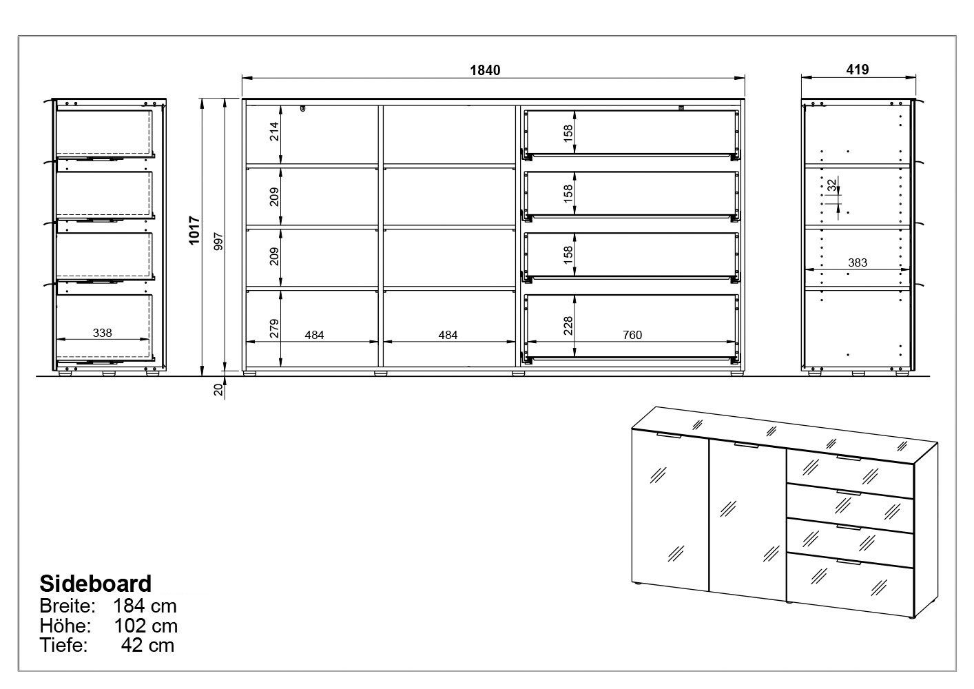 GERMANIA Dressoir OAKLAND in 2 breedten, fronten en bovenblad met glas-inlay