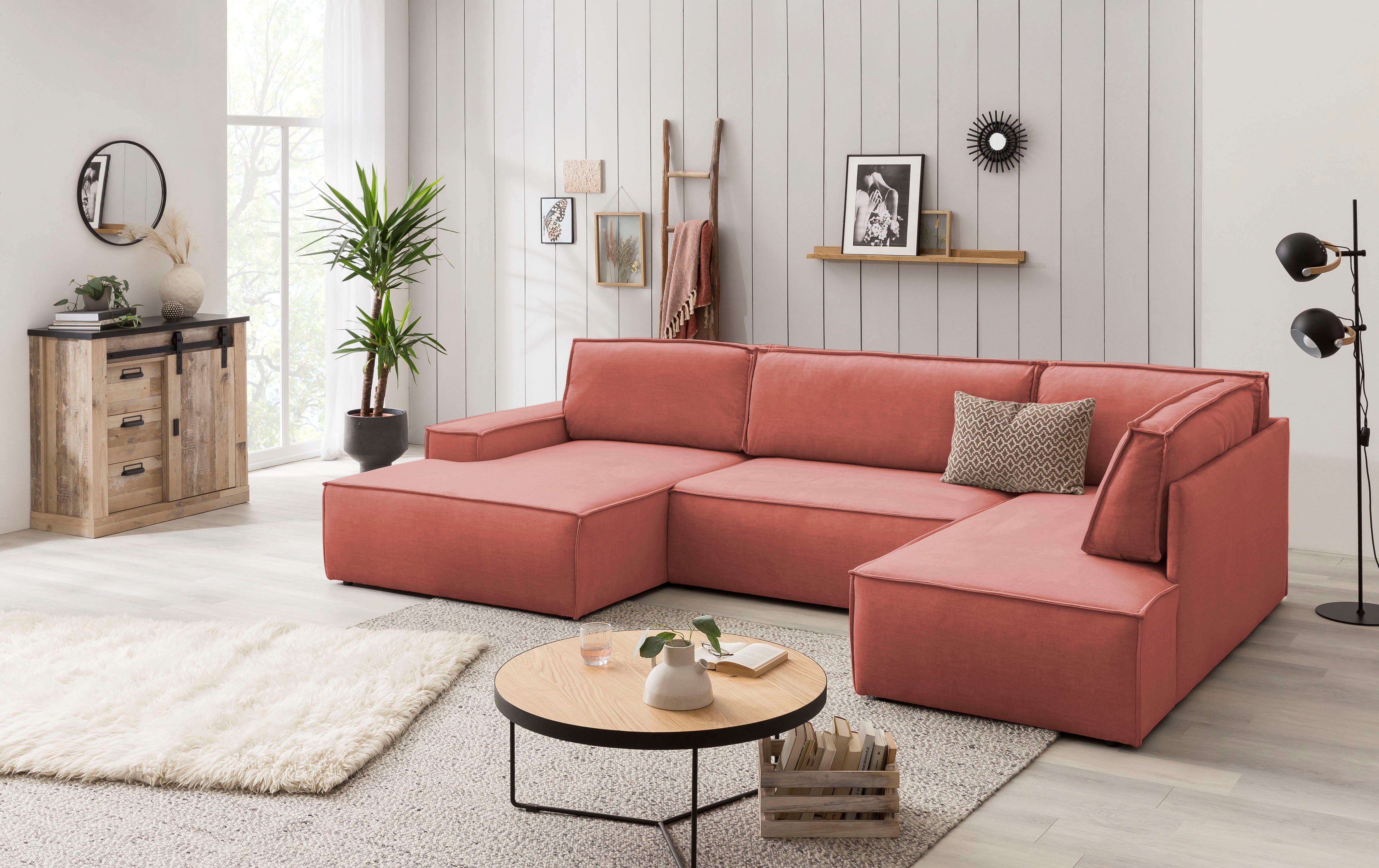 Home affaire Zithoek SHERWOOD 329 cm, U-vorm, slaapbank, Slaapfunctie met bedkist (194x139 cm), cord, vintage, fluweel