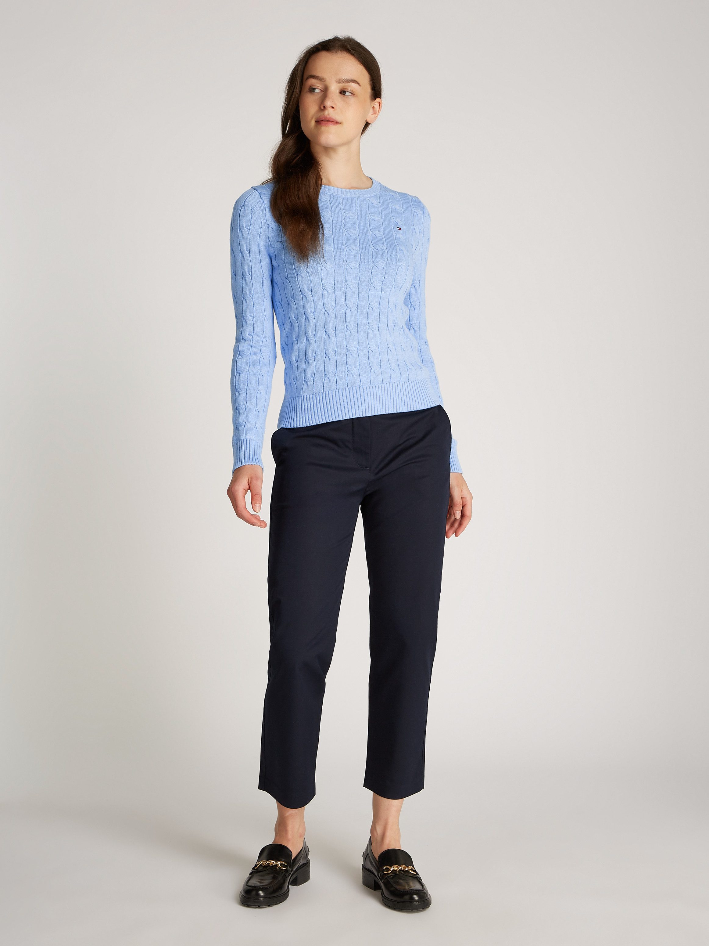 Tommy Hilfiger Trui met ronde hals CO CABLE VAR LS C-NK SWT met kabelpatroon, logo-borduursel