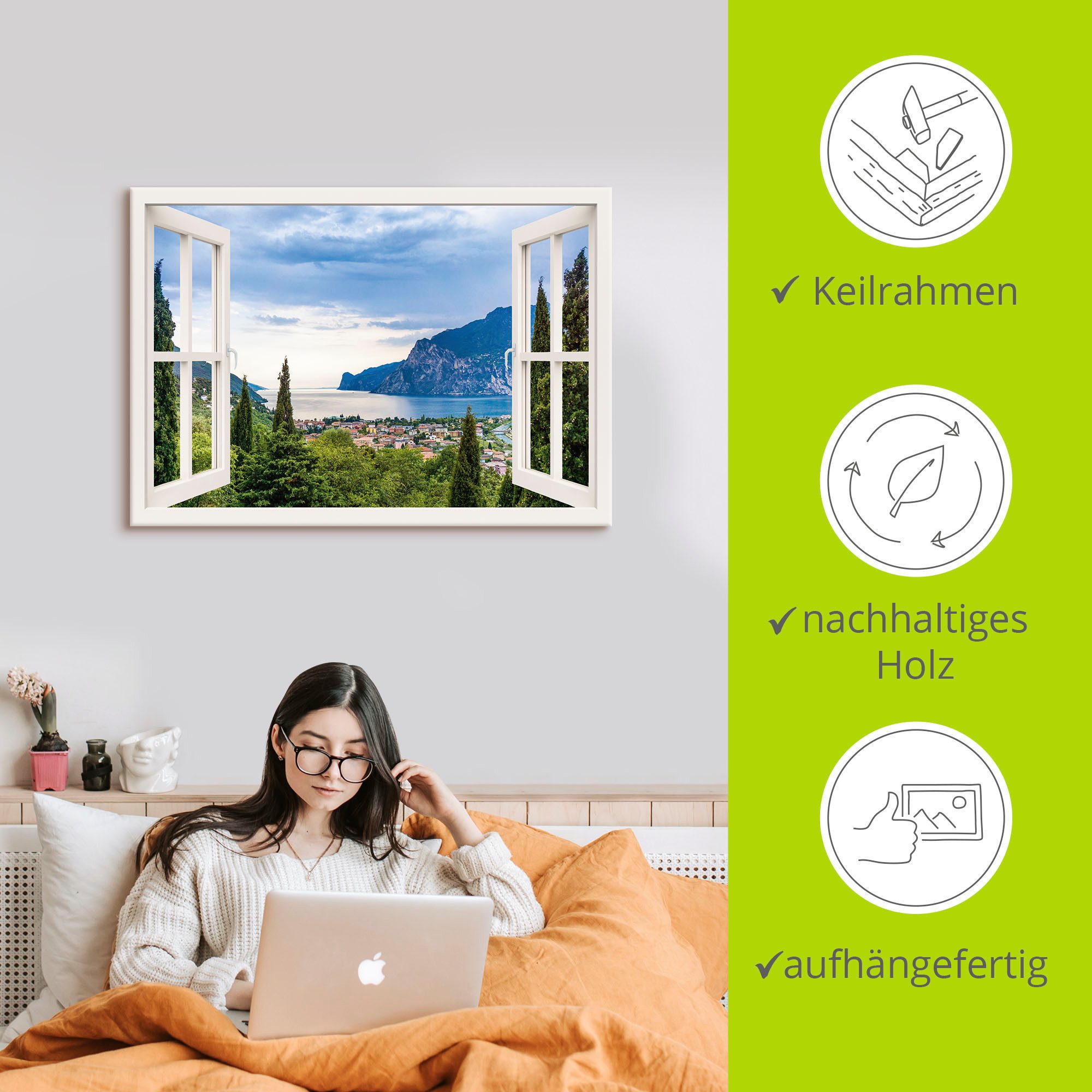 Artland Artprint Gardameer door het witte raam als artprint van aluminium, artprint voor buiten, artprint op linnen, poster, muursticker