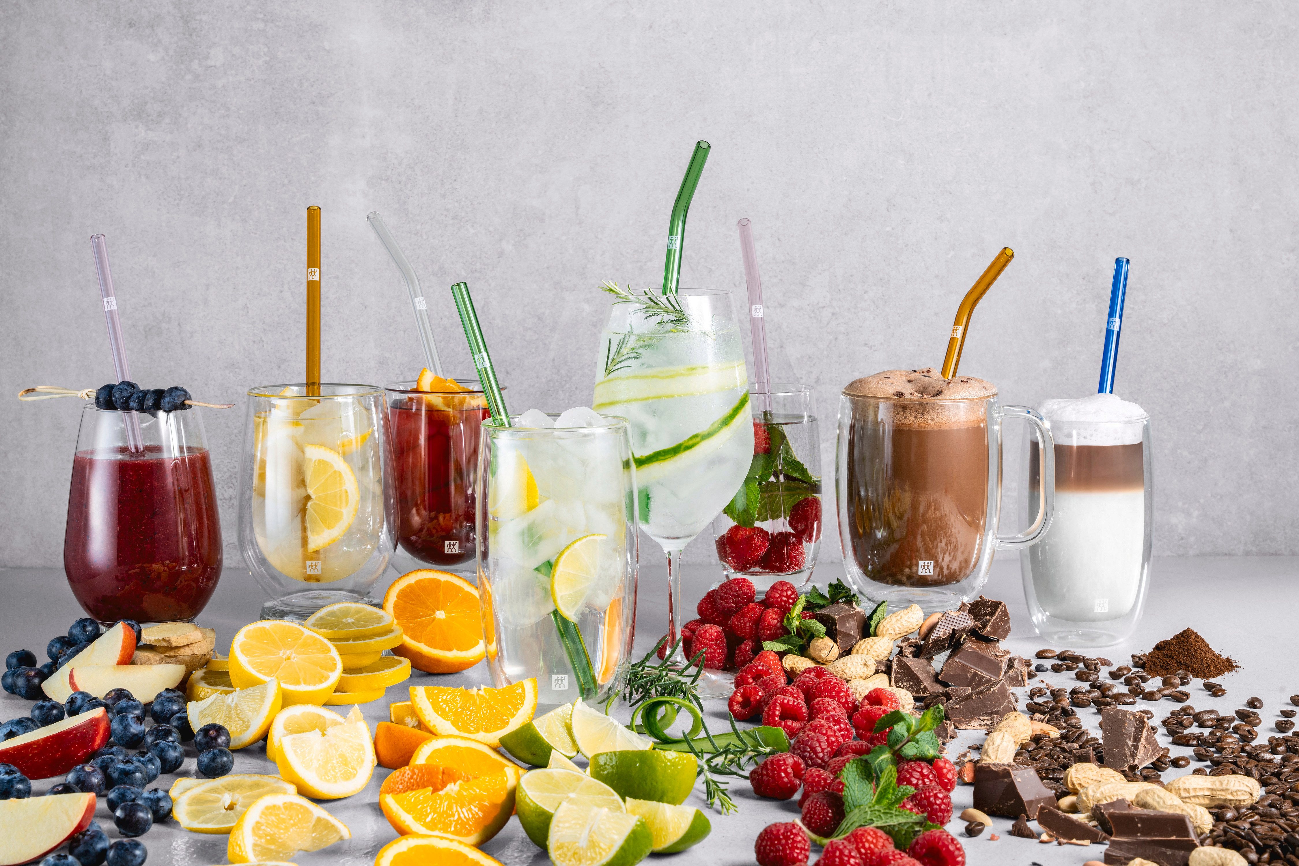 Zwilling Rietjes Sorrento Vier glazen rietjes, borosilicaatglas, gemengde kleuren, gebogen (set, 5-delig)