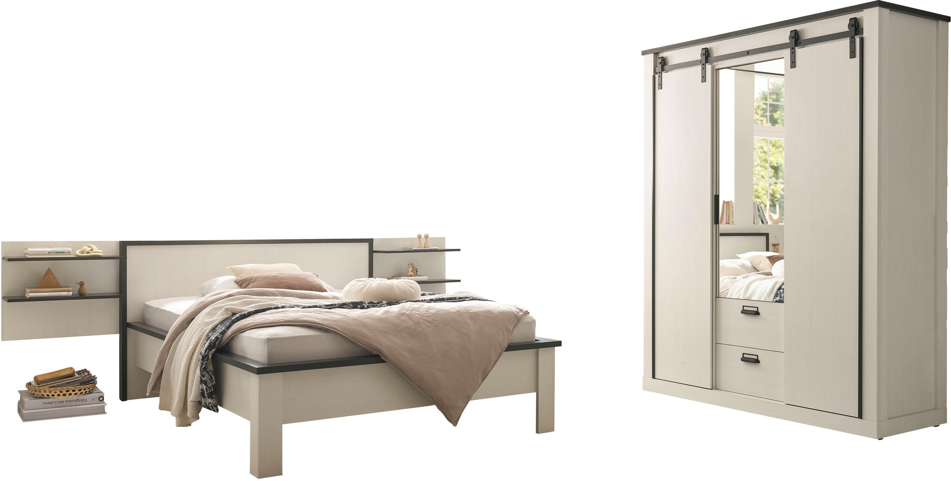 home affaire slaapkamerserie sherwood ligoppervlak 140 x 200 cm, kast 3-deurs 161 cm breed (4-delig) wit