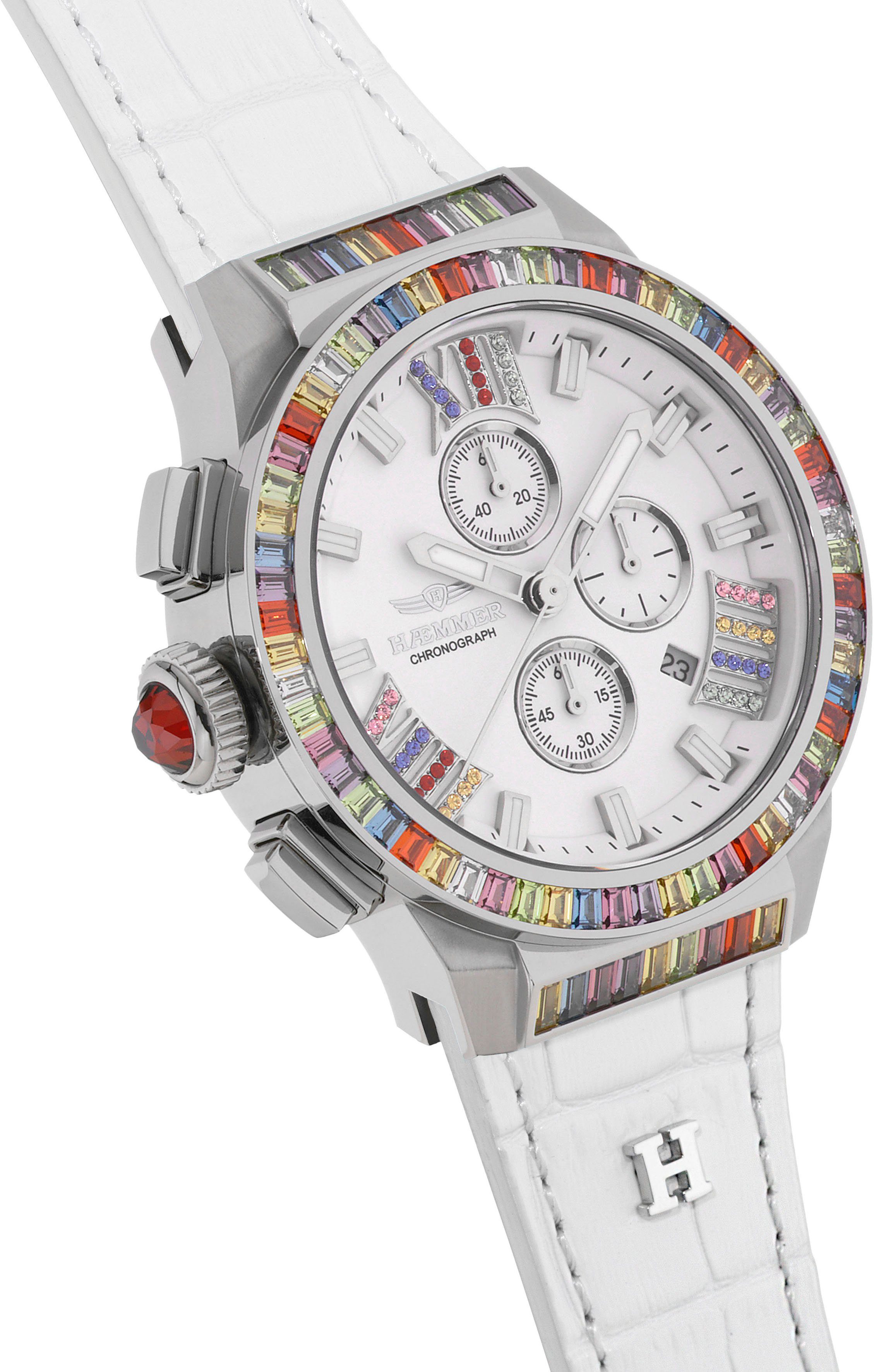 HAEMMER GERMANY Chronograaf Glorious Quartzhorloge, dameshorloge, datum, stopwatchfunctie, saffierglas, leren band