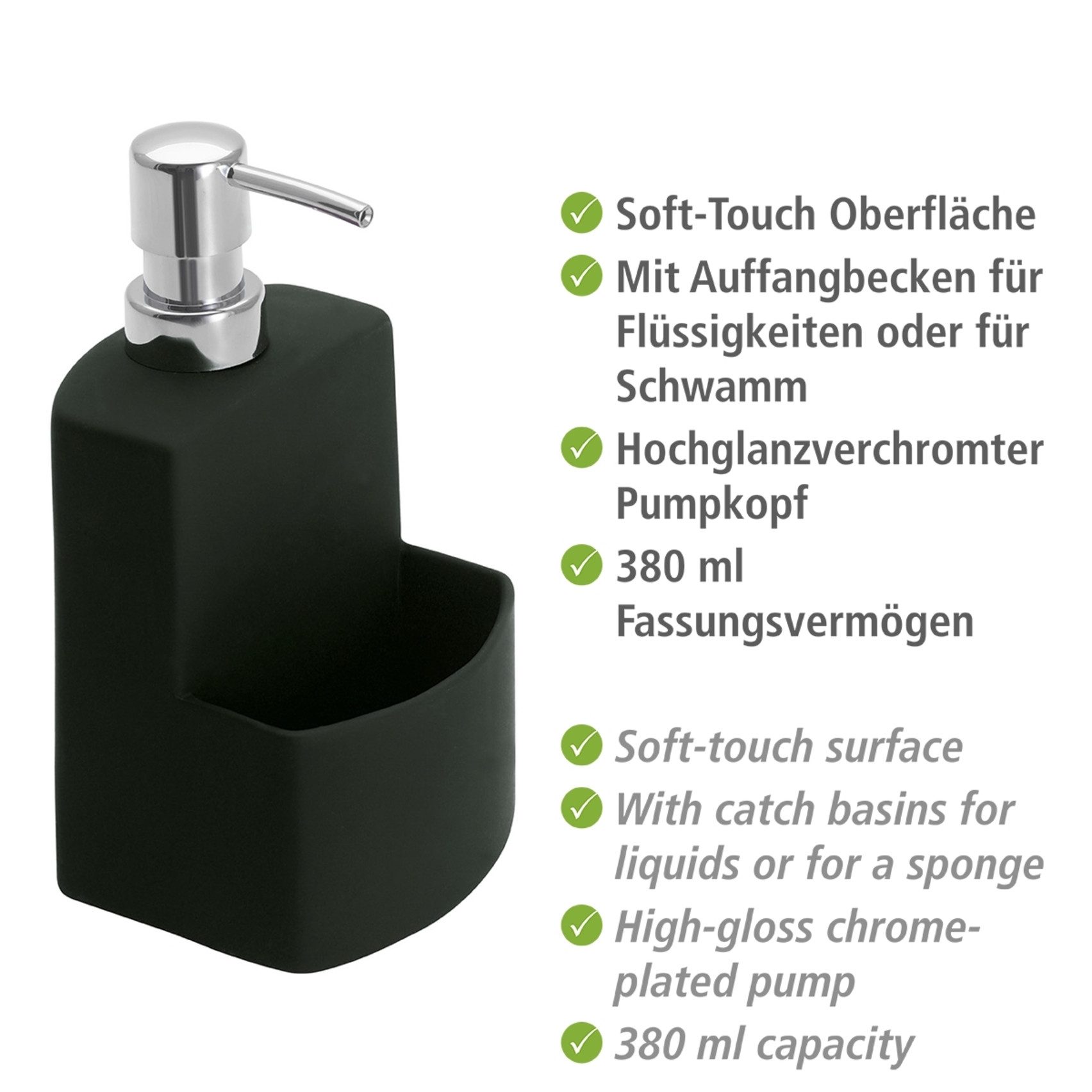 WENKO Dispenser voor afwasmiddel Model Festival van keramiek, soft-touch coating, met afwasponsvak, 380 ml (1-delig)