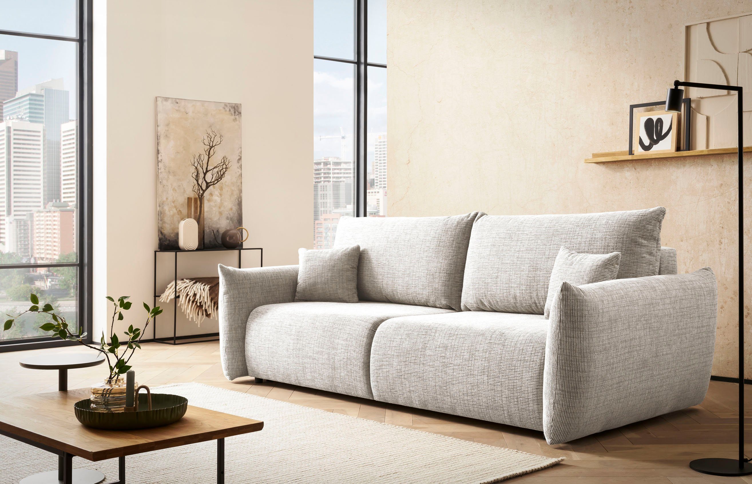 INOSIGN 3-zitsbank MAVAS slaapbank met bedlade ca. 240/108 cm (ligoppervlak 212/145 cm), ribfluweel, chenille, structuur