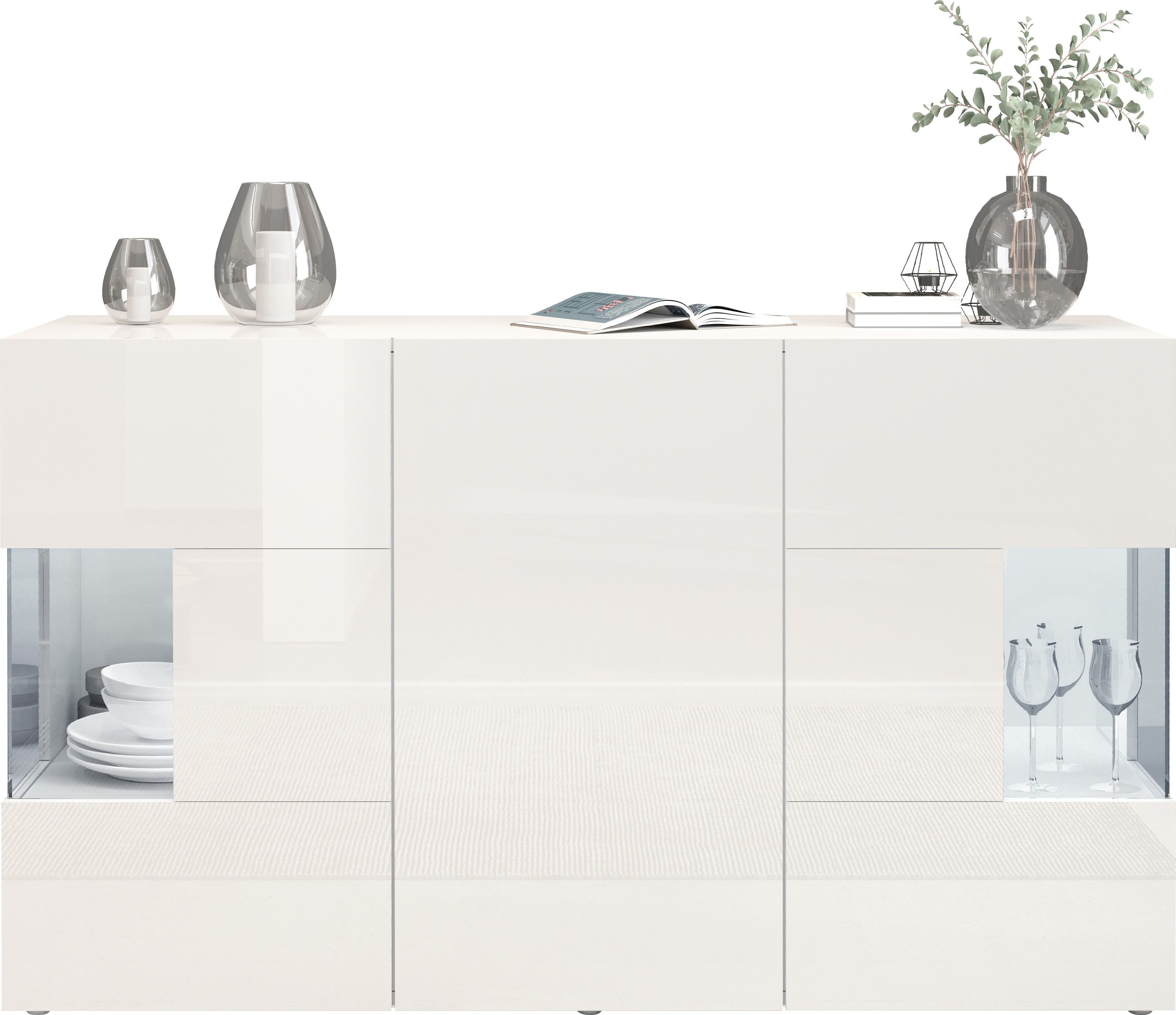 INOSIGN Dressoir Egypte, Ladekast, Kast, Buffet, Vitrine greeploos 3 deuren waarvan 2 met glaselement, volledig hoogglans gelakt breedte 135