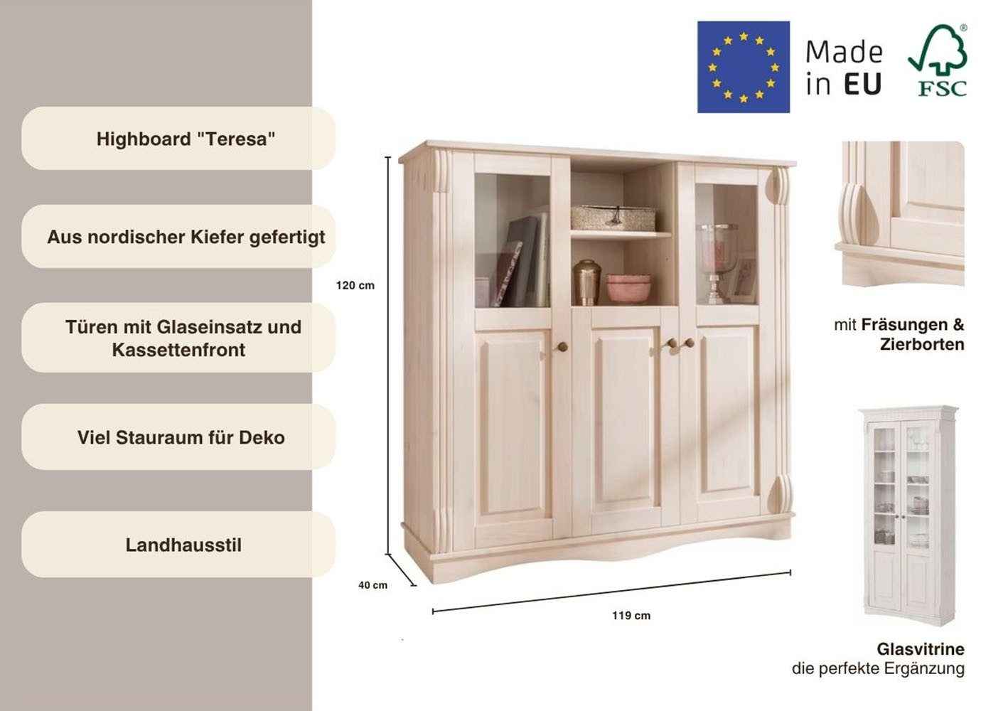 Home affaire Highboard Teresa Breedte 119 cm, deuren met glazen inzetstukken, van massief grenen, FSC®