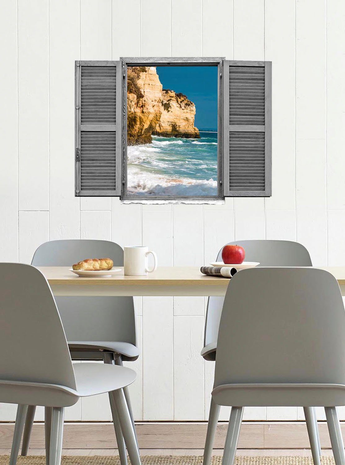 queence Wandfolie Klippen in de zee Muursticker, muurdecoratie, zelfklevend, 3D, raam (1 stuk)