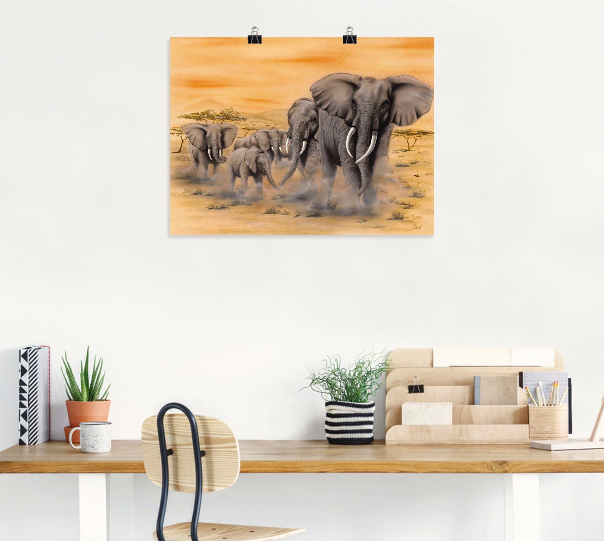 Artland Artprint Olifanten op de steppe als artprint van aluminium, artprint voor buiten, artprint op linnen, poster, muursticker