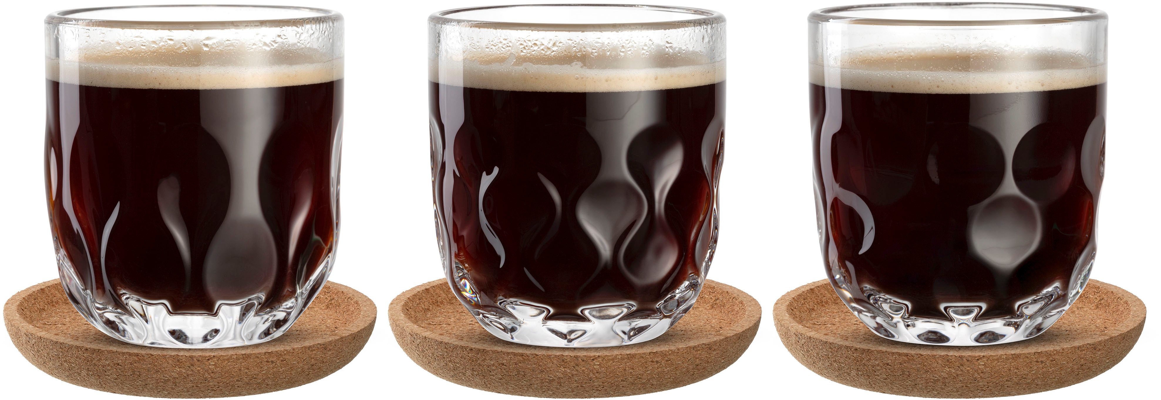 LEONARDO Glazenset Koffie set GOCCE, 220 ml, 6-delig 3 glazen met verschillend druppelreliëf, incl. kurken onderzetters (set)