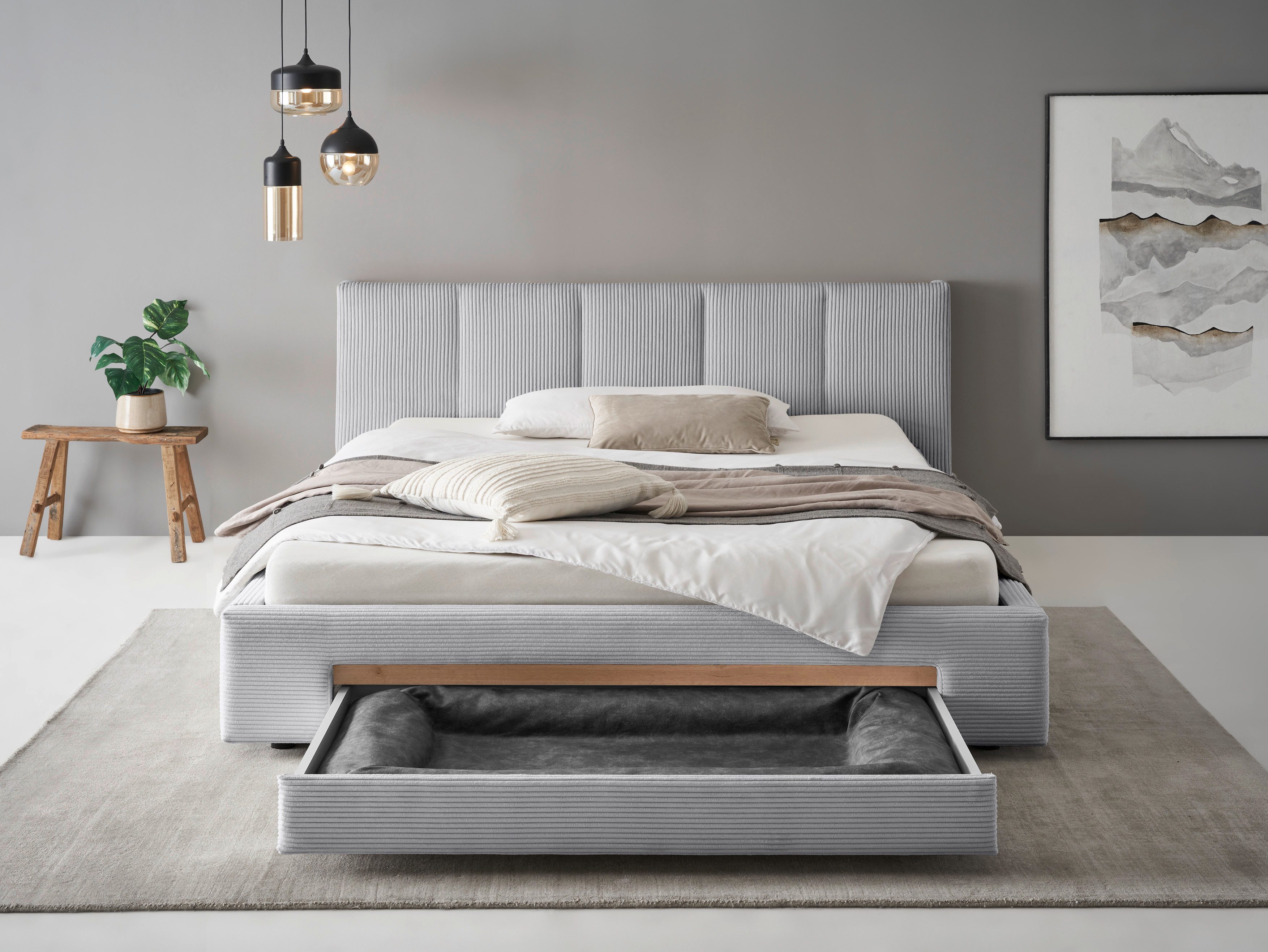 INOSIGN Gestoffeerd bed CiTY/GiRON, bedframe met bedlade, gestoffeerd opbergbed met hondenbed of opberglade, bekleding van corduroy of linnenlook
