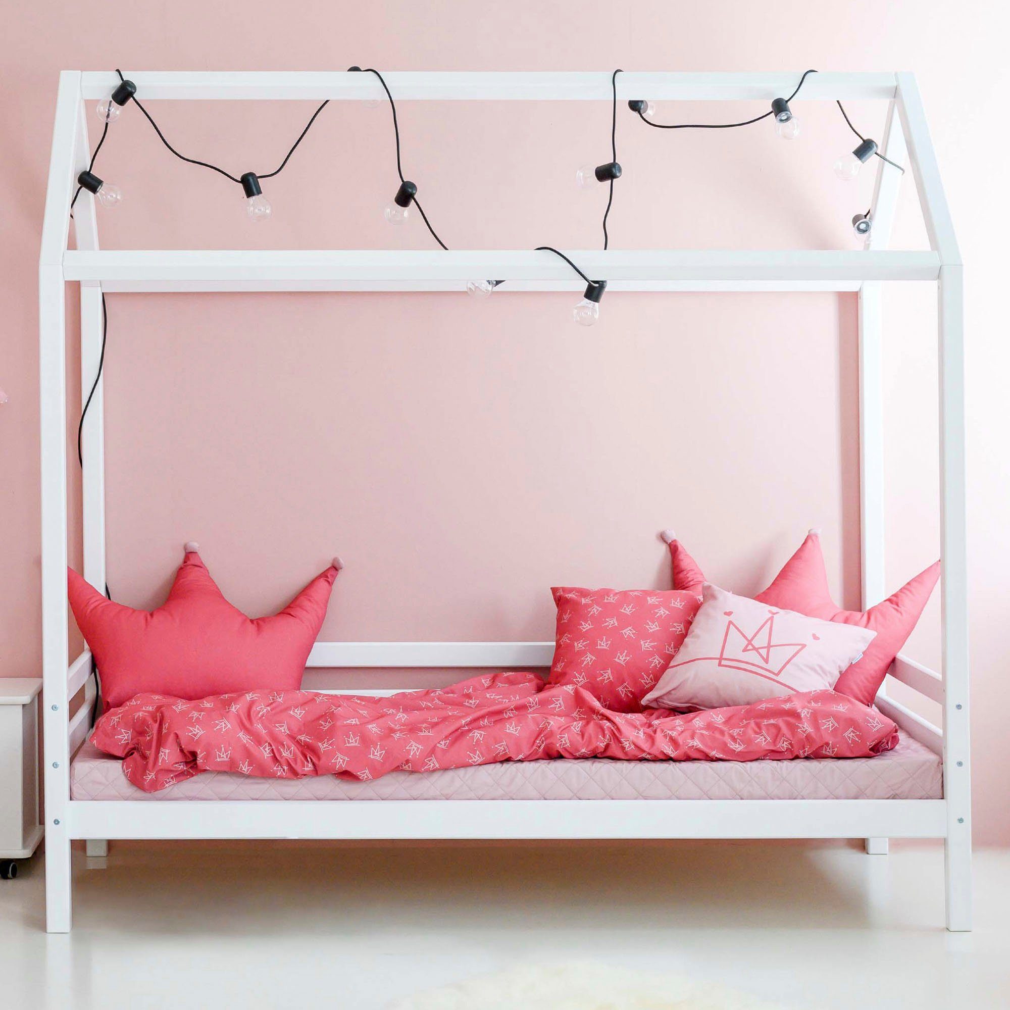 Hoppekids Kinderledikant Eco Dream Bedhuis met dak 90x200 massief wit eenpersoonsbedden wit