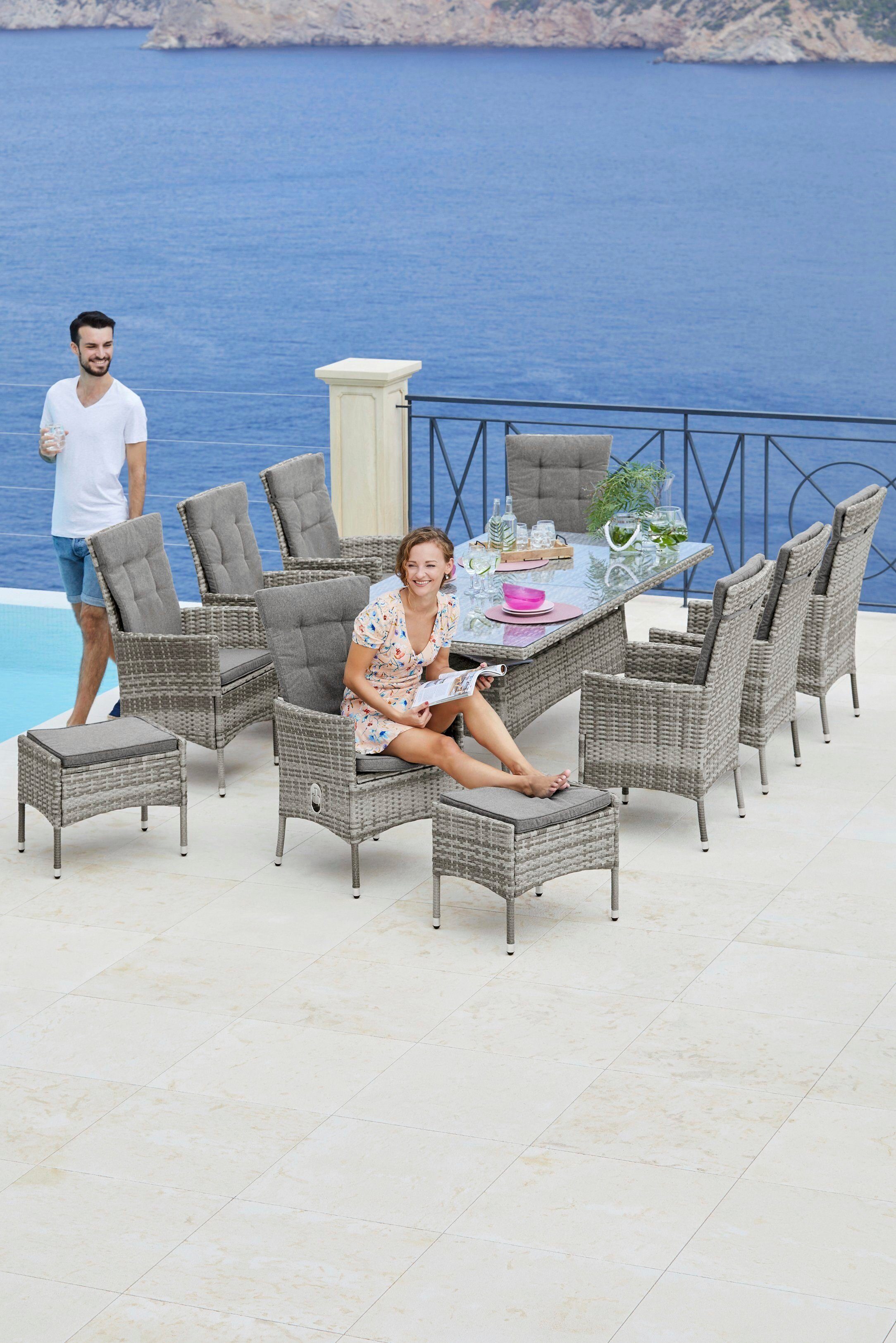KONIFERA Tuin-eethoek Belluno Bergruimte onder de tafel, grijs, 2 van de 8 fauteuils traploos verstelbaar (set, 17-delig)