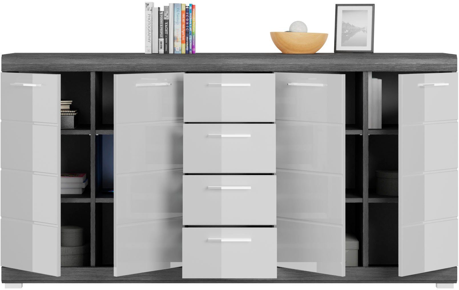 INOSIGN Kast Siena, breedte 165 cm, 4 deuren, 4 lades, 8 legplanken, 12 vakken Front-groeffreesing, schoenenkommode, schoenenkast, buffetkast, sideboard