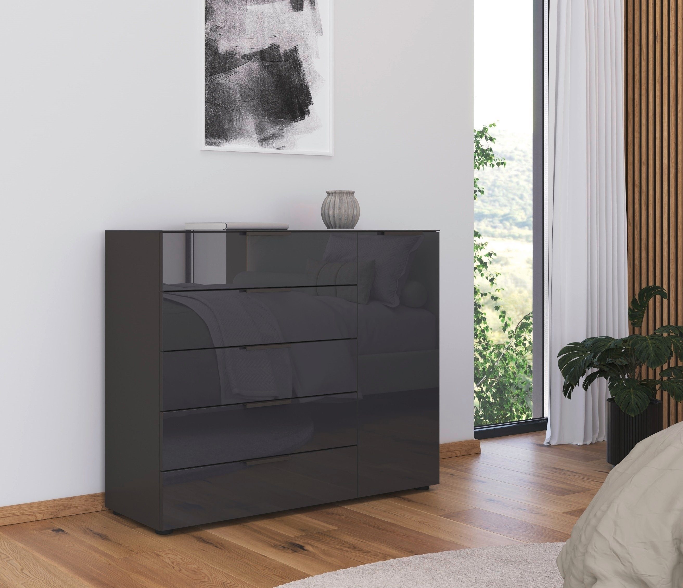 rauch Ladekast Commode deurkast sideboard combikast FLIPP met glasfront 1-deurs, 5 laden, soft-close functie, bovenblad en glazen front