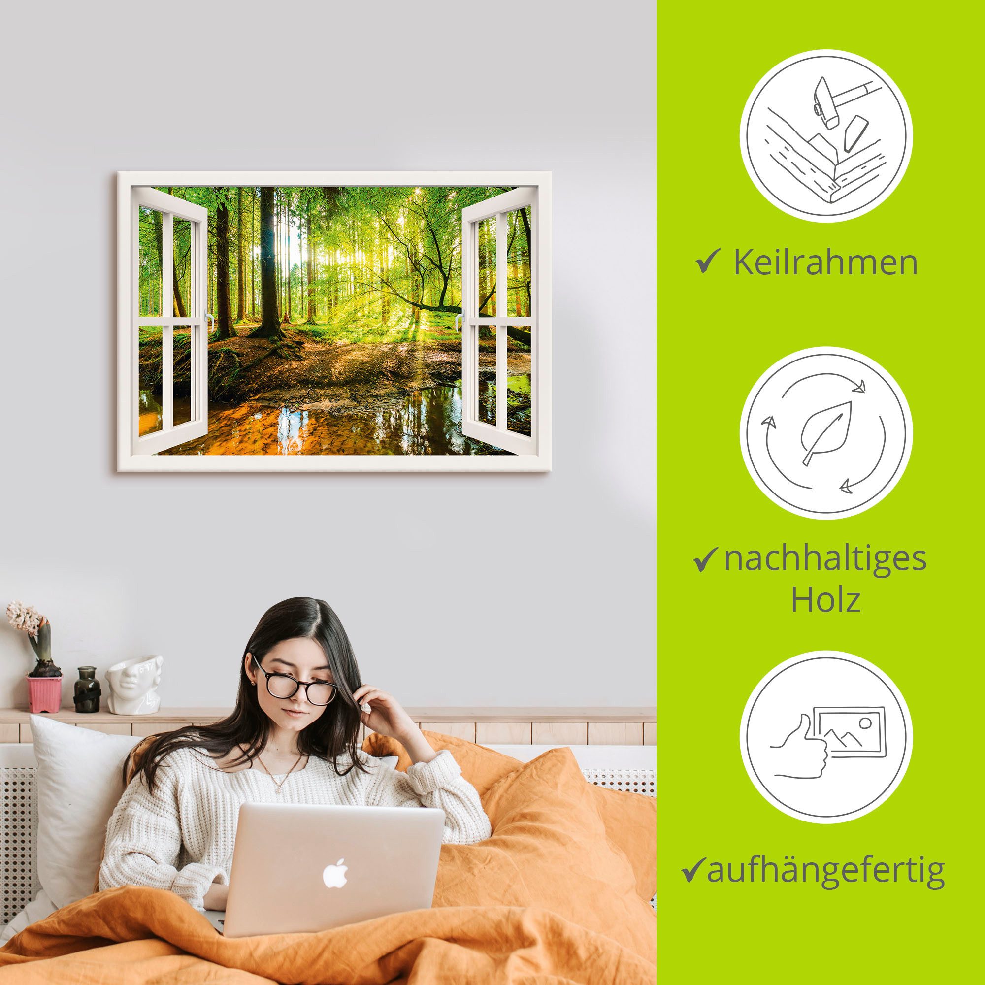 Artland Artprint Blik uit het venster - bos met beek als artprint op linnen, poster, muursticker in verschillende maten