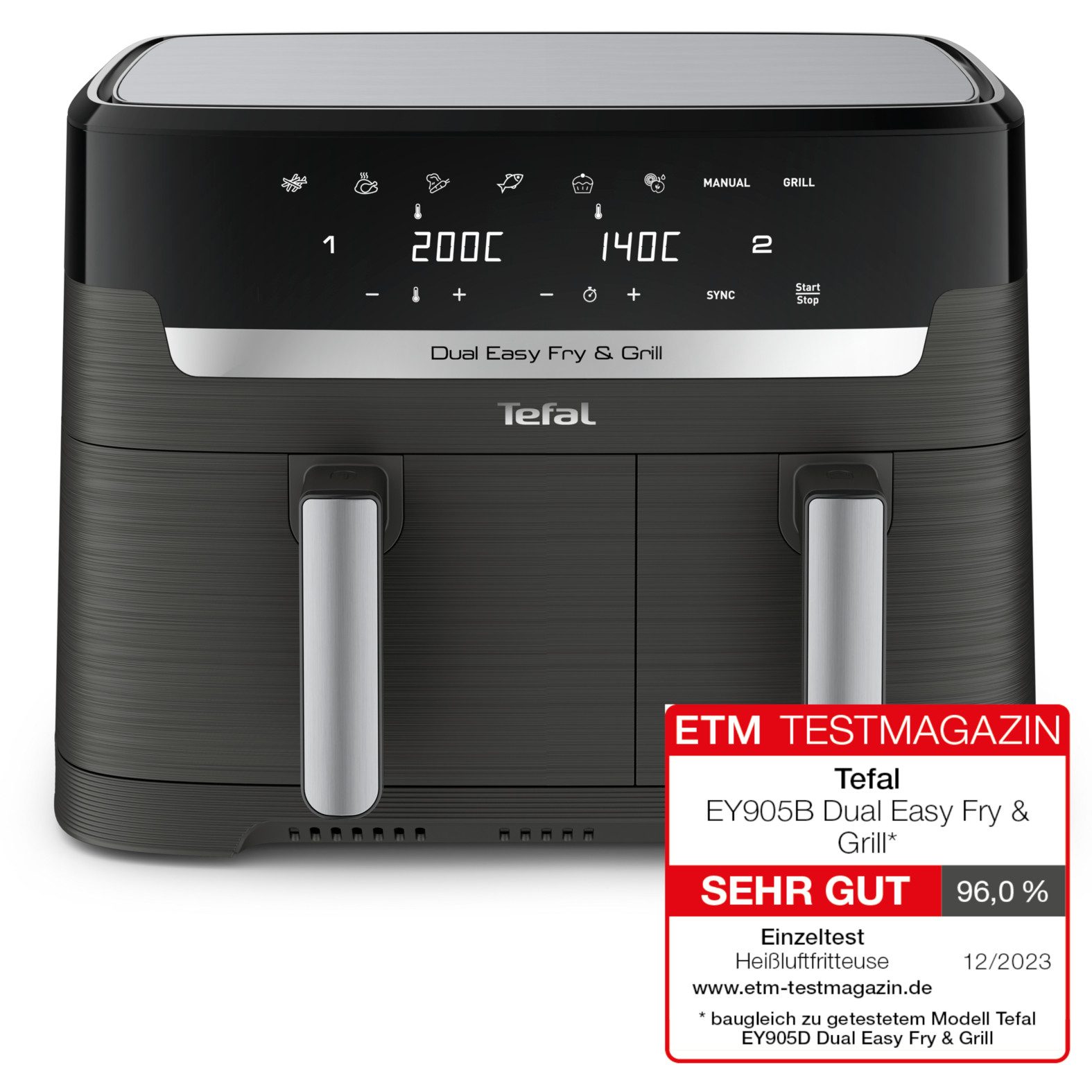 Tefal Airfryer EY905B Dual Easy Fry & Grill Dubbele kamer, 8,3 L capaciteit, met hamburgerpers