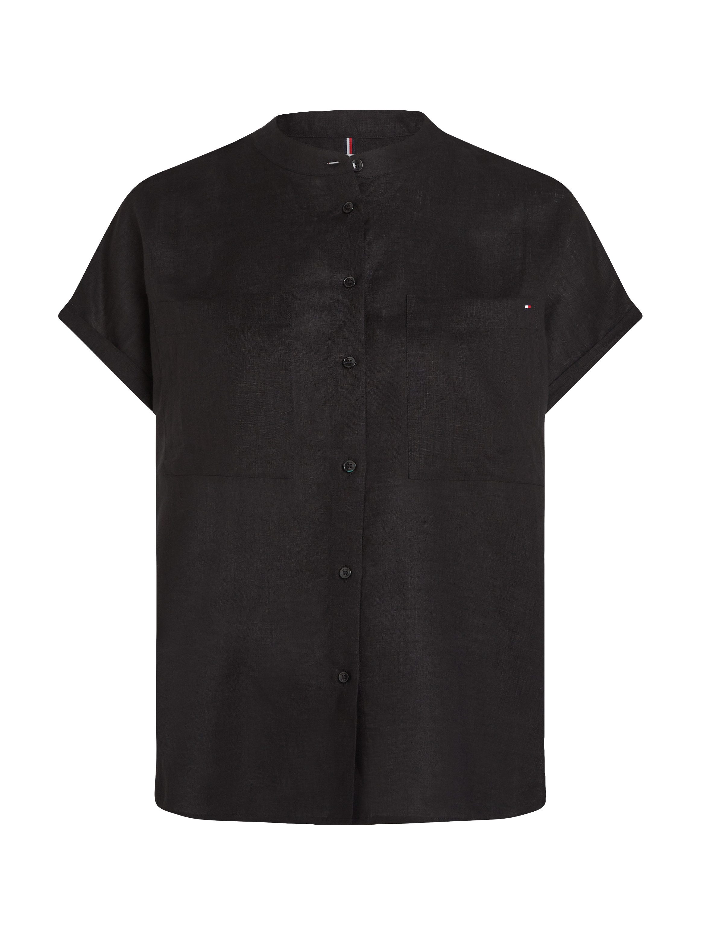 Tommy Hilfiger Blouse met korte mouwen ESS LINEN COLLARLESS S/S BLOUSE met logo-borduursel, verkoelend premium linnen